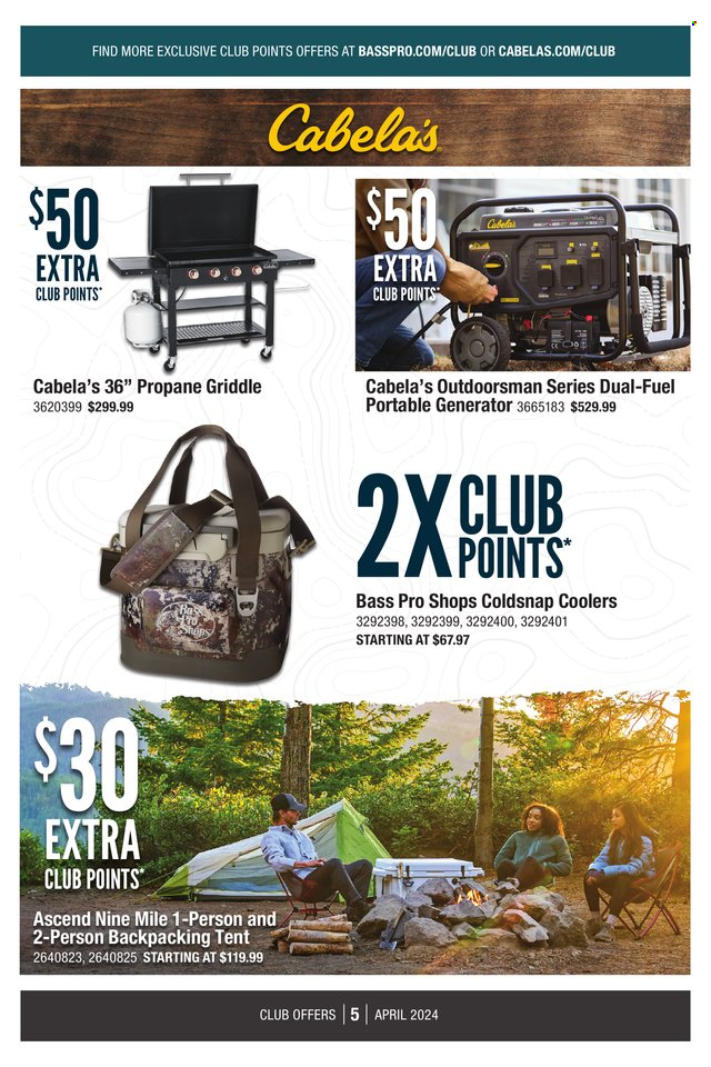 thumbnail - Bass Pro Shops Flyer - 04/01/2024 - 04/30/2024 - Sales products - Bass Pro, tent, generator. Page 5.
