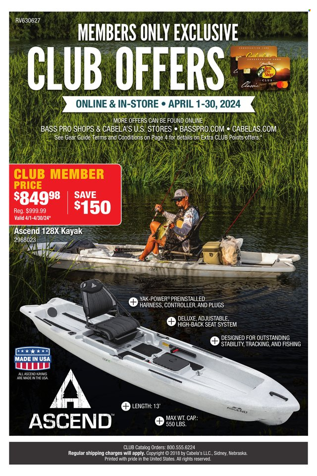thumbnail - Cabela's Flyer - 04/01/2024 - 04/30/2024 - Sales products - Bass Pro, kayak. Page 1.