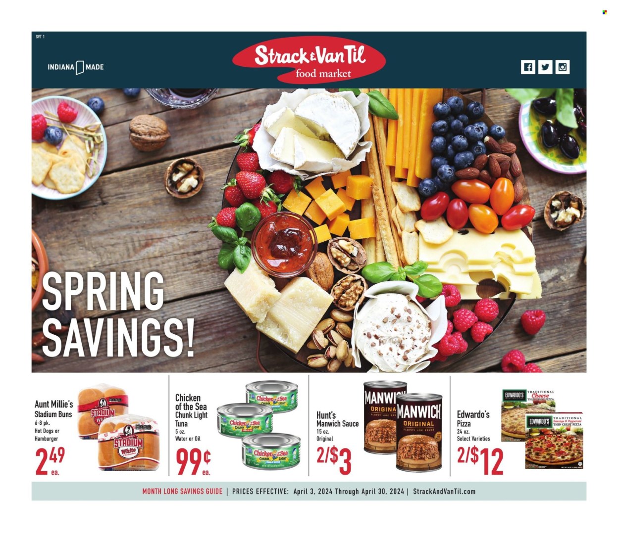 thumbnail - Strack & Van Til Flyer - 04/03/2024 - 04/30/2024 - Sales products - buns, tuna, hot dog, pizza, hamburger, canned tuna, tuna in water, light tuna, Chicken of the Sea, Manwich, canned fish. Page 1.