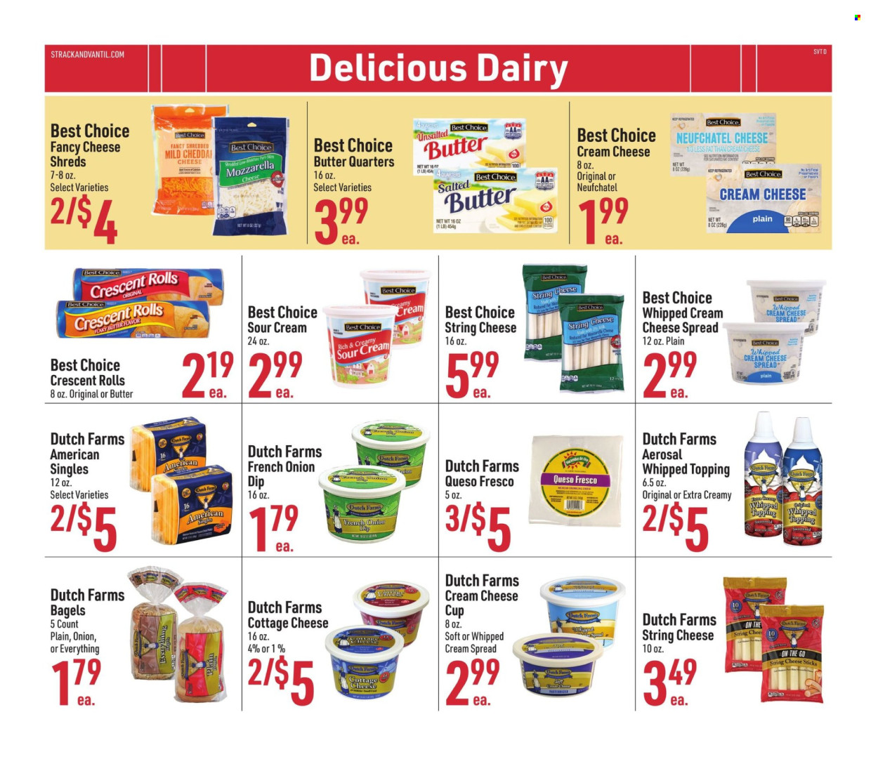 thumbnail - Strack & Van Til Flyer - 04/03/2024 - 04/30/2024 - Sales products - bagels, crescent rolls, cheese spread, cottage cheese, mozzarella, Neufchâtel, shredded cheese, sliced cheese, string cheese, queso fresco, cheese cup, cheese, cheese sticks, butter, sour cream, dip, topping. Page 7.