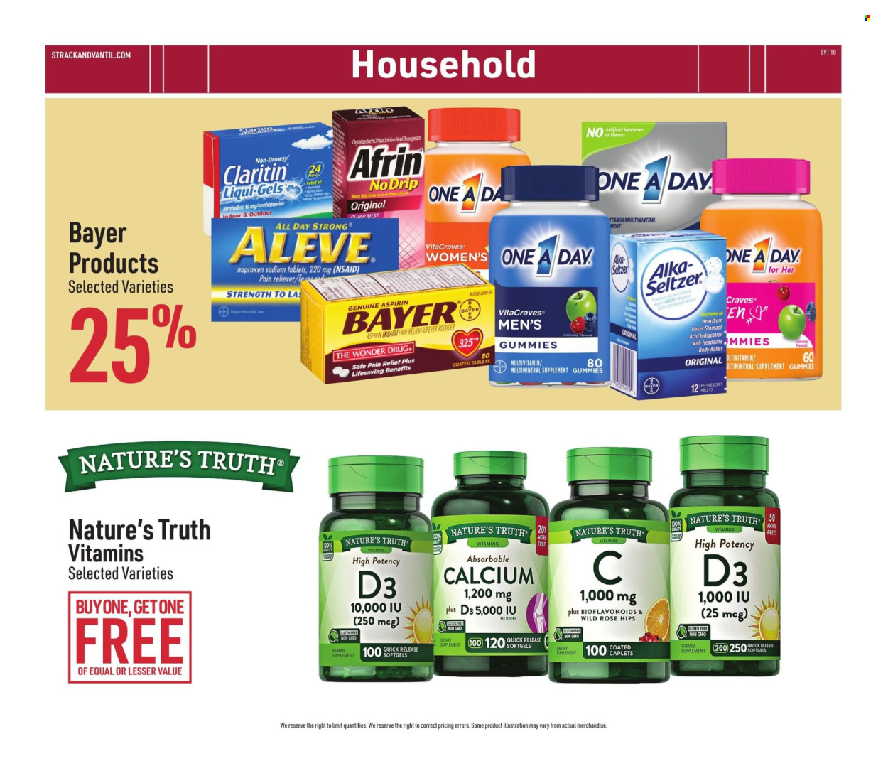 thumbnail - Strack & Van Til Flyer - 04/03/2024 - 04/30/2024 - Sales products - seltzer water, Afrin, Aleve, calcium, multivitamin, Nature's Truth, pain relief, vitamin D3, aspirin, Bayer, dietary supplement, health supplement, Claritin, allergy control, pain therapy, vitamins. Page 20.