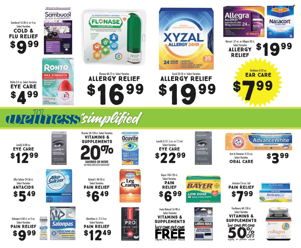 thumbnail - Fresh Market Flyer - 04/03/2024 - 04/30/2024 - Sales products - ARM & HAMMER, lubricant, Cold & Flu, pain relief, Omega-3, Ocuvite, Lumify, eye drops, Antacid, Low Dose, aspirin, Sambucol, Boiron, Bayer, nasal spray, allergy relief, dietary supplement, allergy control, pain therapy, vitamins. Page 13.
