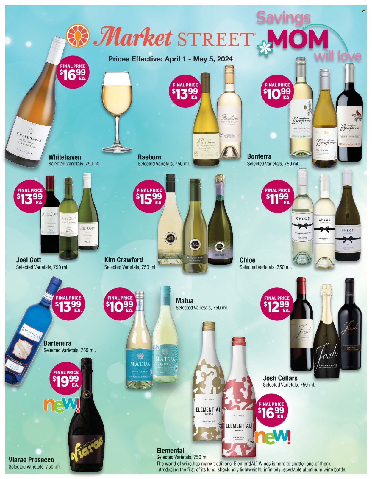 thumbnail - Market Street Flyer - 04/01/2024 - 05/05/2024 - Sales products - sparkling wine, prosecco, wine, alcohol, Kim Crawford, Chloé. Page 1.