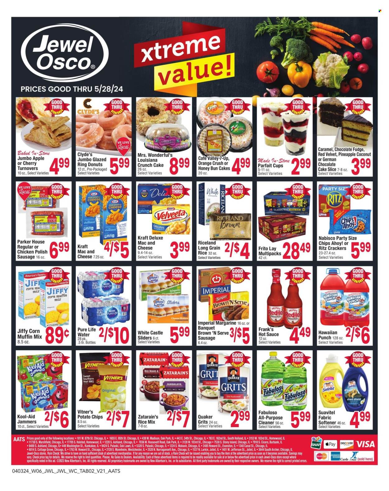 thumbnail - Jewel Osco Flyer - 04/03/2024 - 05/28/2024 - Sales products - cake, Brown 'N Serve, turnovers, donut, corn muffin, chocolate cake, dessert, muffin mix, beans, pineapple, macaroni & cheese, cheeseburger, Quaker, Kraft®, ready meal, sausage, polish sausage, Velveeta, margarine, fudge, crackers, Chips Ahoy!, RITZ, Nabisco, potato chips, salty snack, grits, baking mix, red beans, long grain rice, caramel, hot sauce, Jif, fruit drink, soft drink, 7UP, Pure Life Water, water, carbonated soft drink, all purpose cleaner, Fabuloso, fabric softener, Suavitel, Parker, Jiffy, sauce. Page 2.