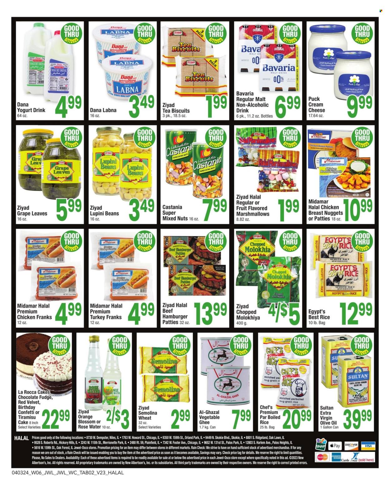 thumbnail - Jewel Osco Flyer - 04/03/2024 - 05/07/2024 - Sales products - cake, tiramisu, beans, nuggets, hamburger, chicken nuggets, ready meal, chicken frankfurters, frankfurters, cream cheese, Puck, yoghurt drink, ghee, Blossom, fudge, marshmallows, biscuit, semolina, malt, rice, extra virgin olive oil, olive oil, oil, mixed nuts, water, Hill's. Page 2.