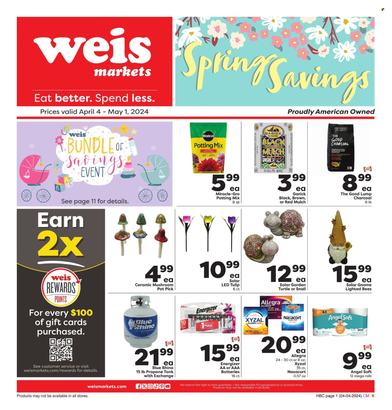 thumbnail - Weis Flyer - 04/04/2024 - 05/01/2024 - Sales products - ice cream, pot, battery, Energizer, AAA batteries, tulip, potting mix, allergy control. Page 1.