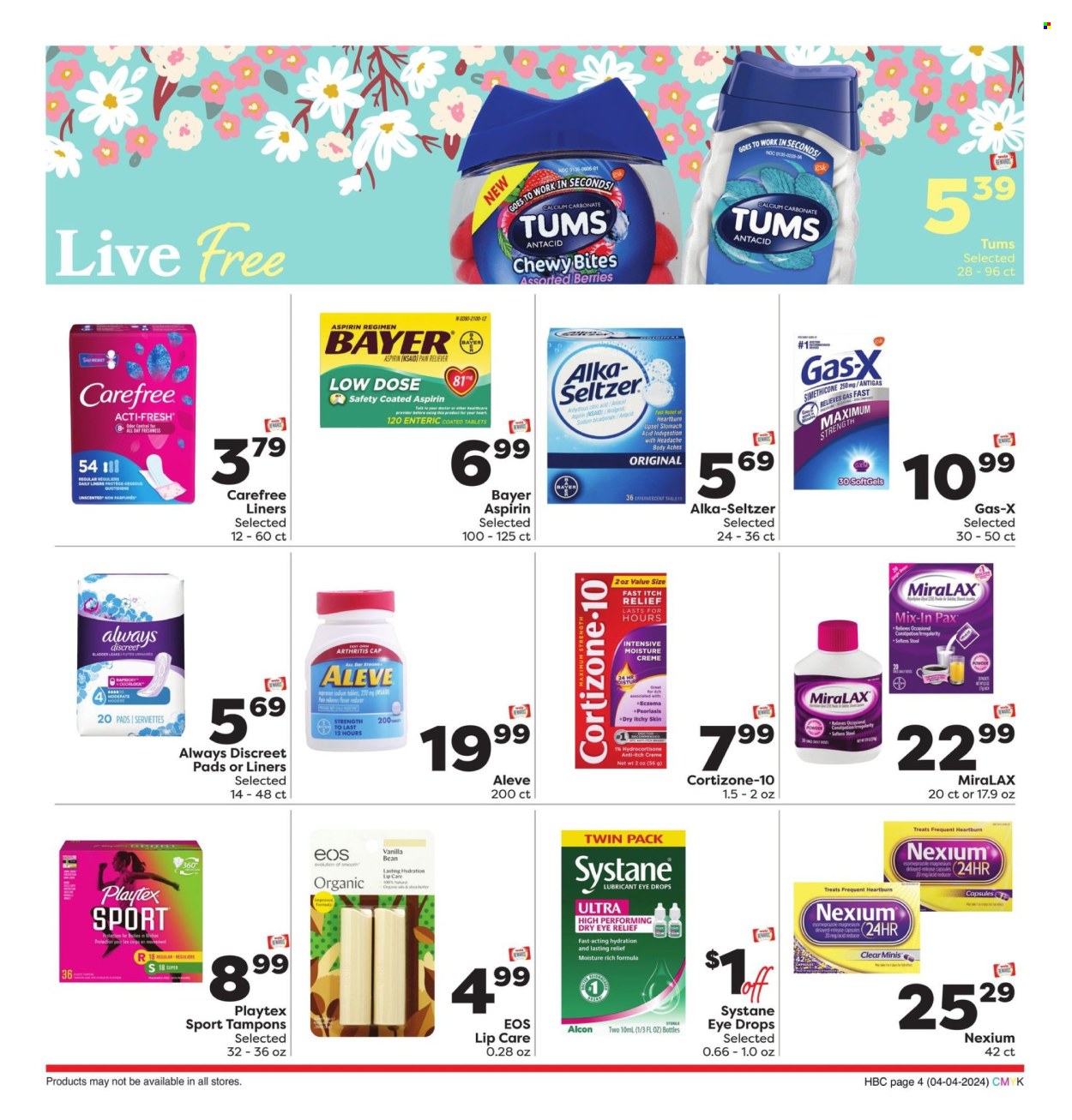 thumbnail - Weis Flyer - 04/04/2024 - 05/01/2024 - Sales products - pads, Playtex, pantiliners, Always pads, sanitary pads, Always Discreet, Carefree, tampons, lubricant, Aleve, calcium, magnesium, MiraLAX, Systane, Nexium, eye drops, Alka-seltzer, Antacid, Low Dose, aspirin, Bayer, health supplement, acid blocker, Cortizone. Page 4.