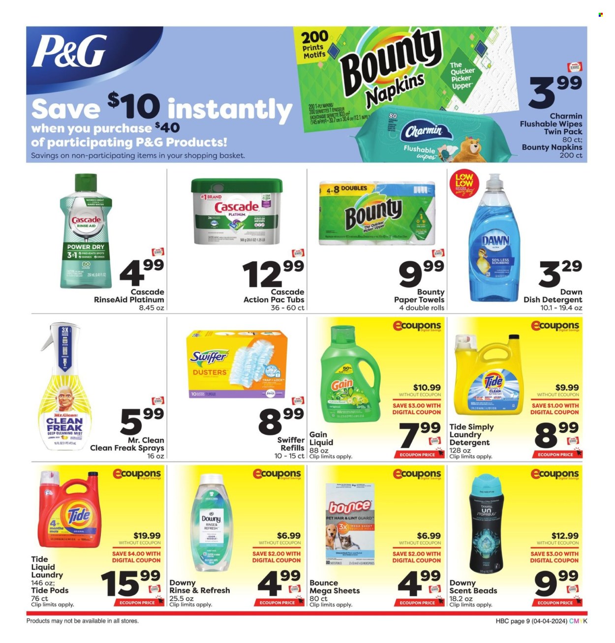 thumbnail - Weis Flyer - 04/04/2024 - 05/01/2024 - Sales products - Bounty, water, Boost, wipes, napkins, kitchen towels, paper towels, Charmin, detergent, Gain, cleaner, Swiffer, Cascade, Tide, fabric softener, laundry detergent, Bounce, scent booster, dishwashing liquid. Page 9.