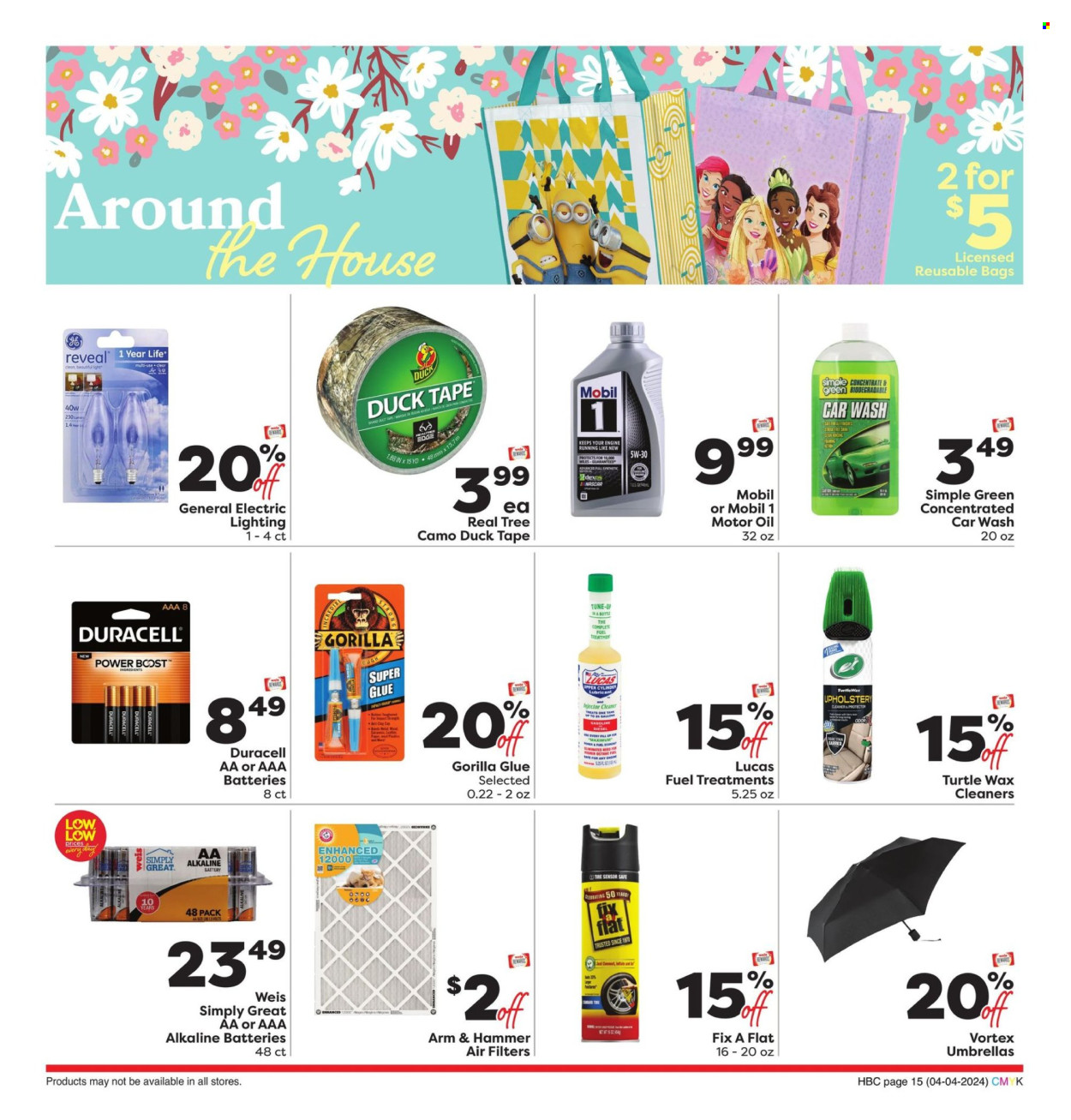 thumbnail - Weis Flyer - 04/04/2024 - 05/01/2024 - Sales products - poultry meat, ARM & HAMMER, cleaner, bag, glue, battery, Duracell, AAA batteries, alkaline batteries, air filter, lubricant, Lucas, Mobil, motor oil, fuel supplement. Page 15.
