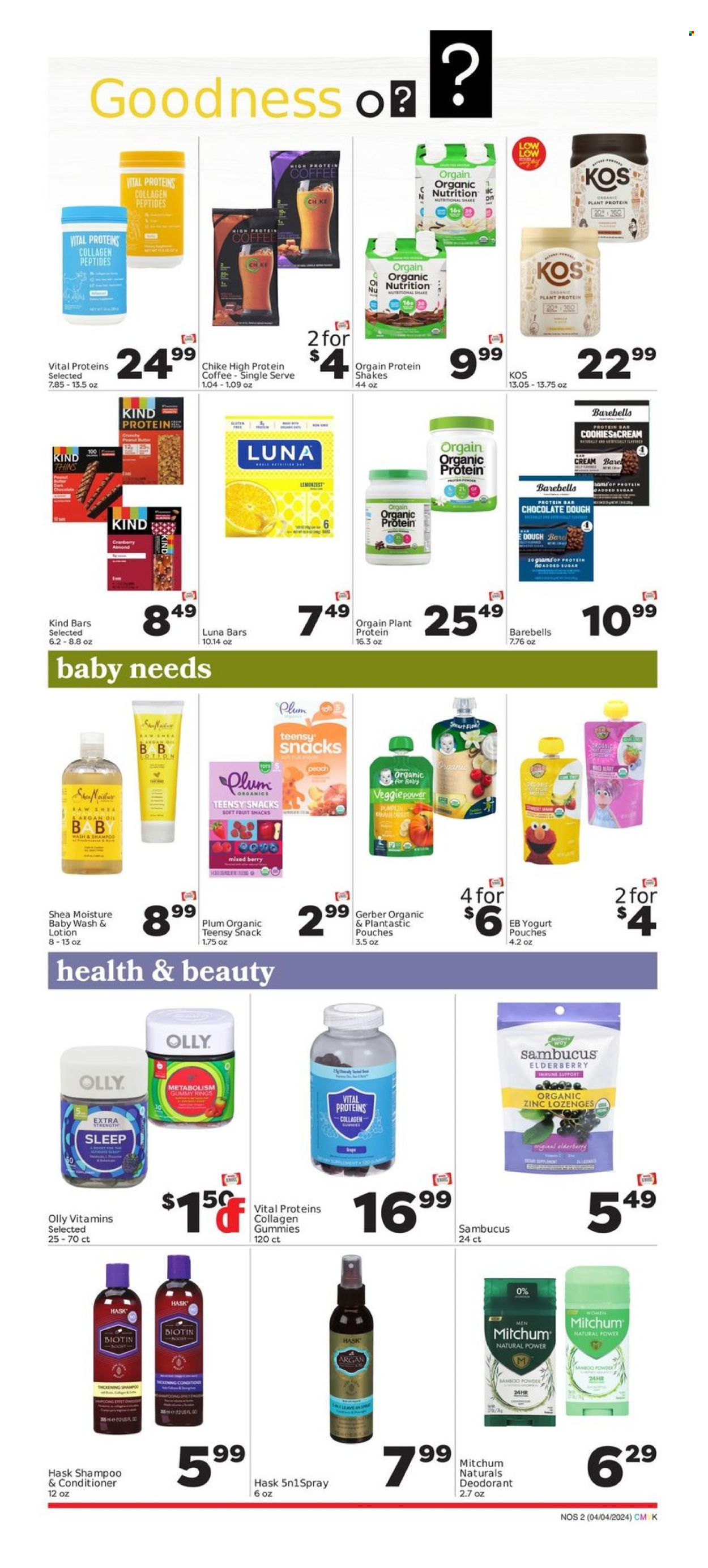 thumbnail - Weis Flyer - 04/04/2024 - 05/01/2024 - Sales products - snack, yoghurt, protein drink, shake, fruit snack, chocolate bar, Gerber, plant protein, protein bar, nut bar, oil, coffee, baby toiletries, shampoo, conditioner, Hask, Bamboo Powder, deodorant, houseplant, Biotin, zinc, Vital Proteins, dietary supplement, collagen powder, vitamins. Page 2.