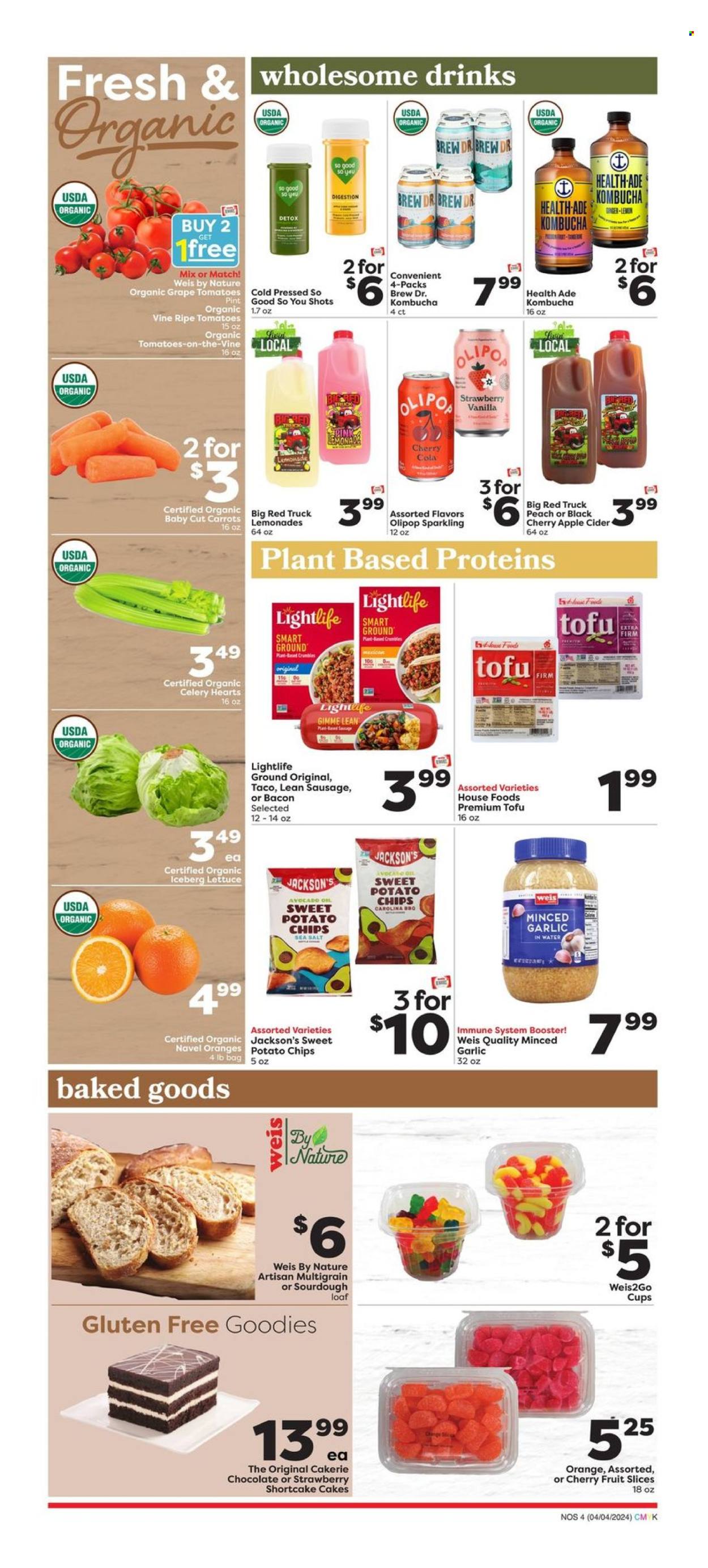 thumbnail - Weis Flyer - 04/04/2024 - 05/01/2024 - Sales products - cake, sourdough bread, pastries, carrots, celery, tomatoes, lettuce, sleeved celery, avocado, sausage, tofu, ice cream, sweet potato fries, fruit slices, potato chips, lemonade, soft drink, energy shot, So Good So You, carbonated soft drink, kombucha, alcohol, apple cider, cider, cup, navel oranges. Page 4.