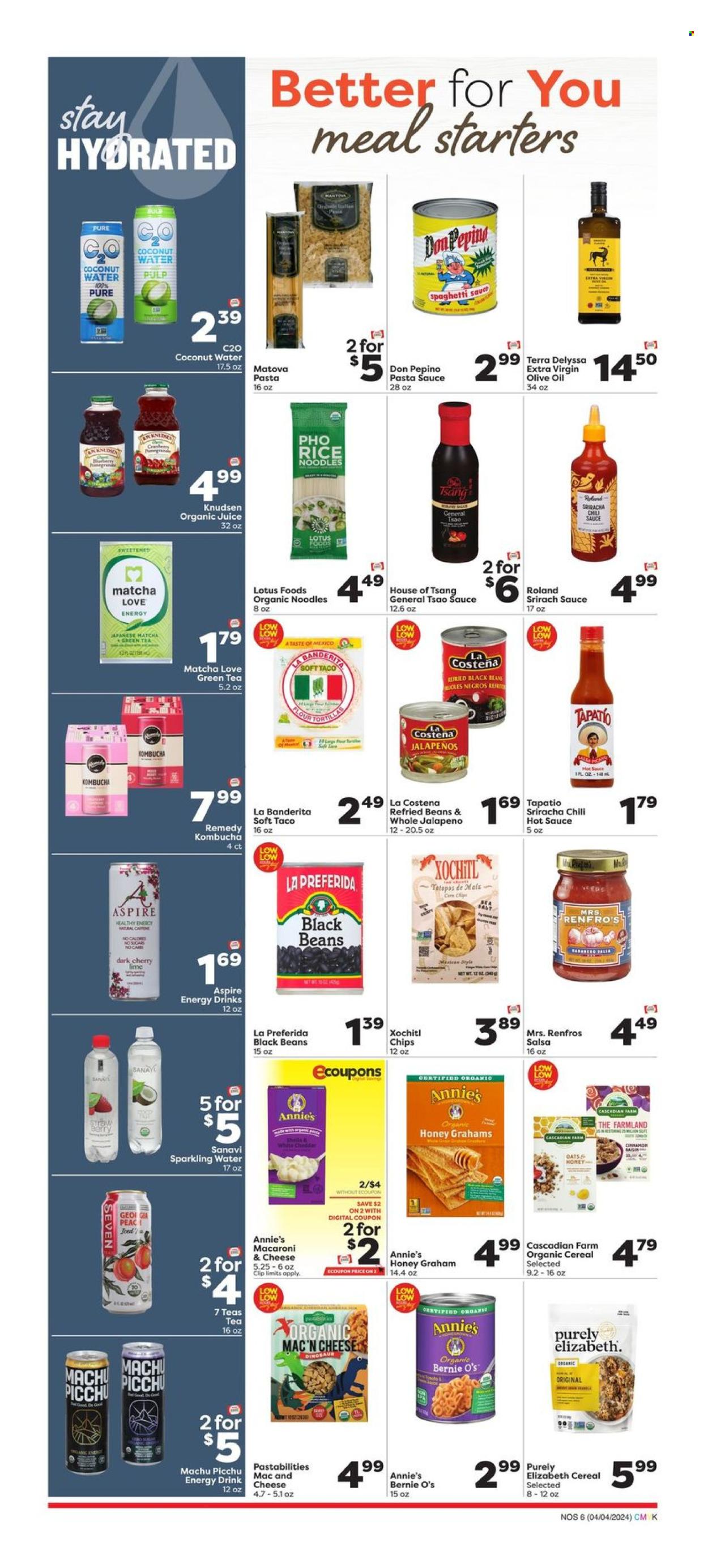 thumbnail - Weis Flyer - 04/04/2024 - 05/01/2024 - Sales products - tortillas, tacos, beans, corn, jalapeño, macaroni & cheese, spaghetti, pasta sauce, noodles, Annie's, spaghetti sauce, ready meal, chips, black beans, refried beans, cereals, rice vermicelli, cinnamon, sriracha, hot sauce, salsa, extra virgin olive oil, olive oil, oil, juice, energy drink, coconut water, sparkling water, kombucha, green tea, matcha, tea, Lotus, tong, straw, dinosaur, sauce. Page 6.