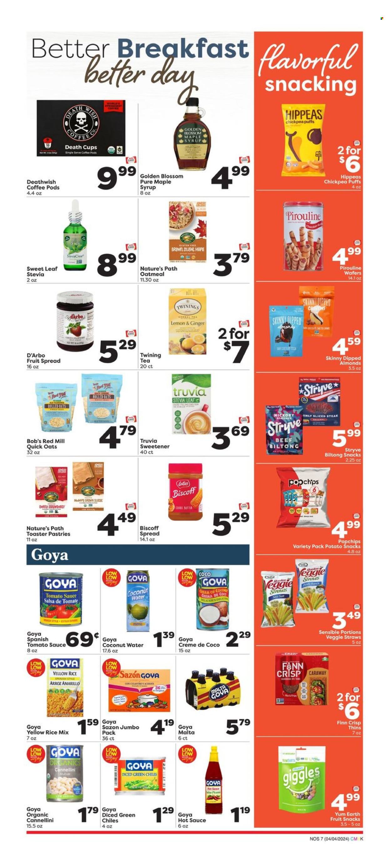 thumbnail - Weis Flyer - 04/04/2024 - 05/01/2024 - Sales products - puffs, pastries, steak, snack, beef biltong, butter, Blossom, wafers, chocolate, fruit snack, snack cake, Thins, veggie straws, salty snack, oatmeal, stevia, sweetener, tomato sauce, canned vegetables, Goya, Quick Oats, hot sauce, salsa, maple syrup, fruit jam, syrup, almonds, cashews, coconut water, tea, herbal tea, Twinings, coffee, coffee pods, Gain, Lotus, cup. Page 7.