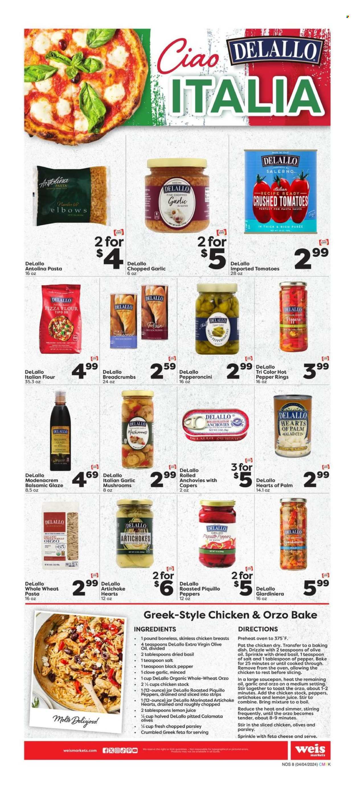 thumbnail - Weis Flyer - 04/04/2024 - 05/01/2024 - Sales products - hearts of palm, parsley, anchovies, feta, flour, salt, capers, crushed tomatoes, black pepper, balsamic glaze, extra virgin olive oil, olive oil, oil, saucepan, teaspoon, oven dish, jar, palm. Page 8.