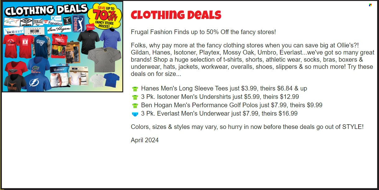 thumbnail - Ollie's Bargain Outlet Flyer - 04/01/2024 - 04/30/2024 - Sales products - Everlast, Umbro, jacket, shorts, t-shirt, socks, hat, bra, underwear, boxer shorts. Page 4.