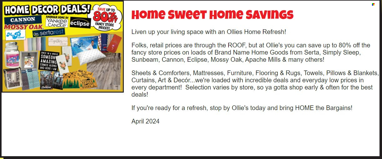 thumbnail - Ollie's Bargain Outlet Flyer - 04/01/2024 - 04/30/2024 - Sales products - candle, blanket, Sunbeam, mattress, Avengers, flooring, rug, Eclipse. Page 7.
