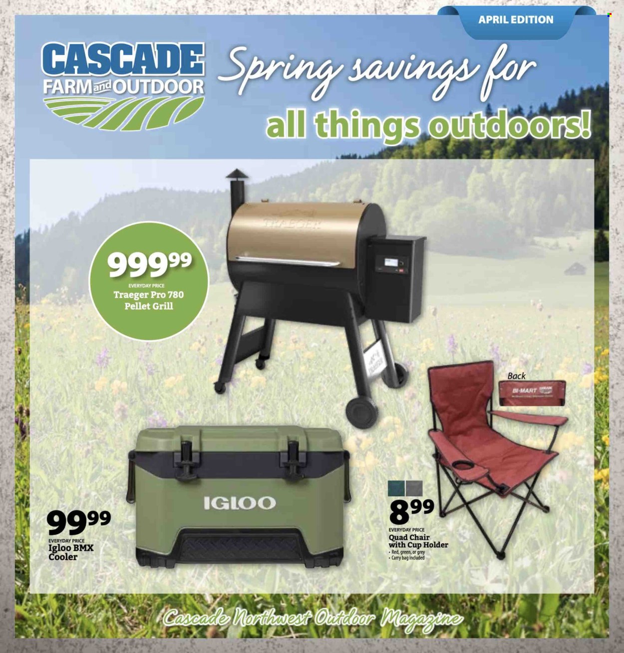 thumbnail - Cascade Farm And Outdoor Flyer - 04/01/2024 - 04/30/2024 - Sales products - chair, carry bag, drink holder, grill, pellet grill. Page 1.