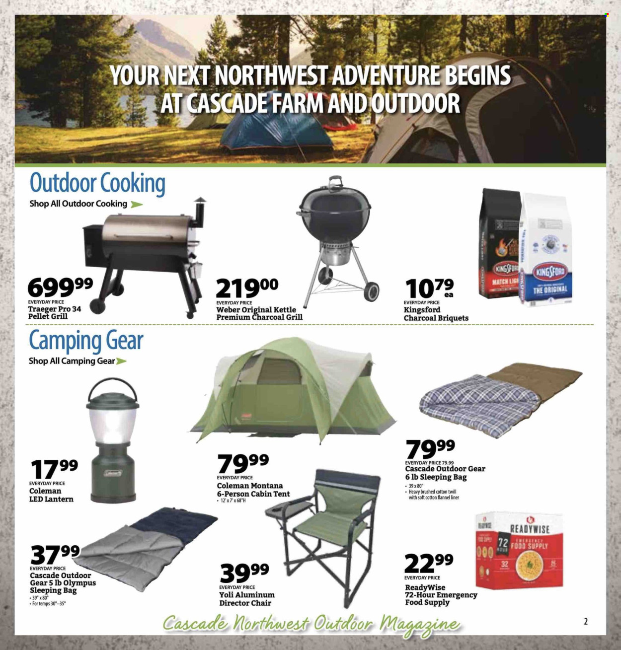 thumbnail - Cascade Farm And Outdoor Flyer - 04/01/2024 - 04/30/2024 - Sales products - Coleman, chair, lantern, sleeping bag, tent, Kingsford, grill, Weber, pellet grill, briquettes, charcoal grill. Page 2.