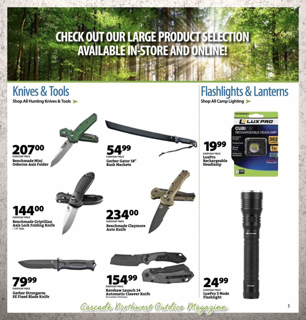 thumbnail - Cascade Farm And Outdoor Flyer - 04/01/2024 - 04/30/2024 - Sales products - knife, Gerber, flashlight, folding knife, headlamp, Kershaw, lighting. Page 3.