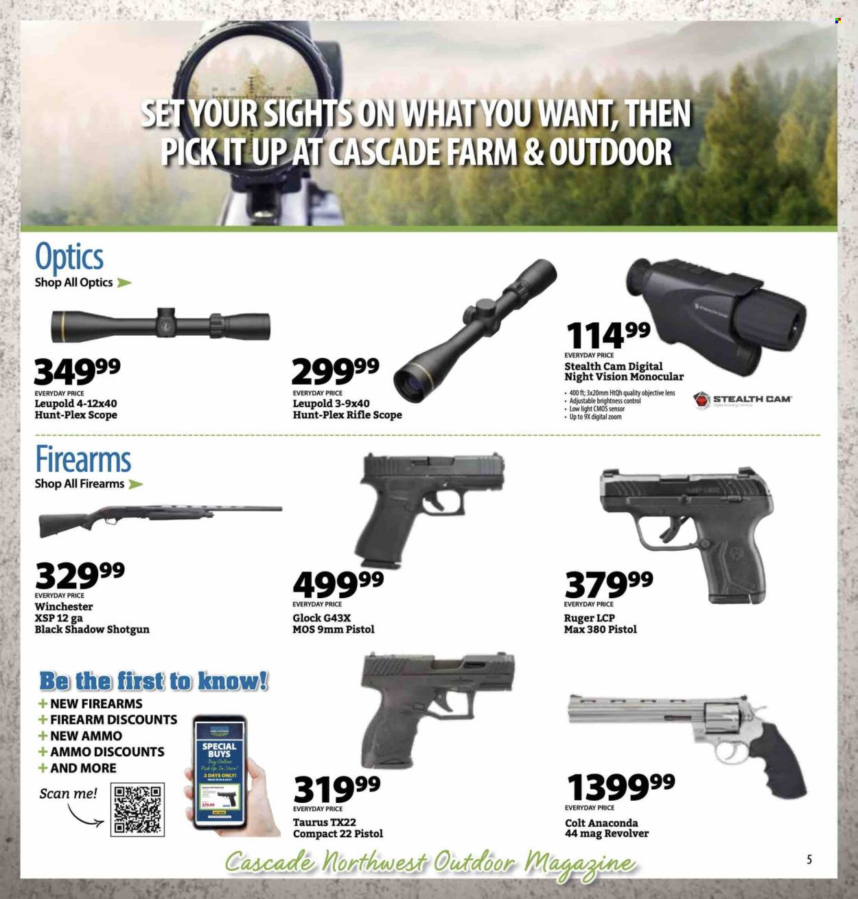 thumbnail - Cascade Farm And Outdoor Flyer - 04/01/2024 - 04/30/2024 - Sales products - glock, Leupold, riflescope, Ruger, shotgun, handgun, pistol, scope, ammo. Page 5.
