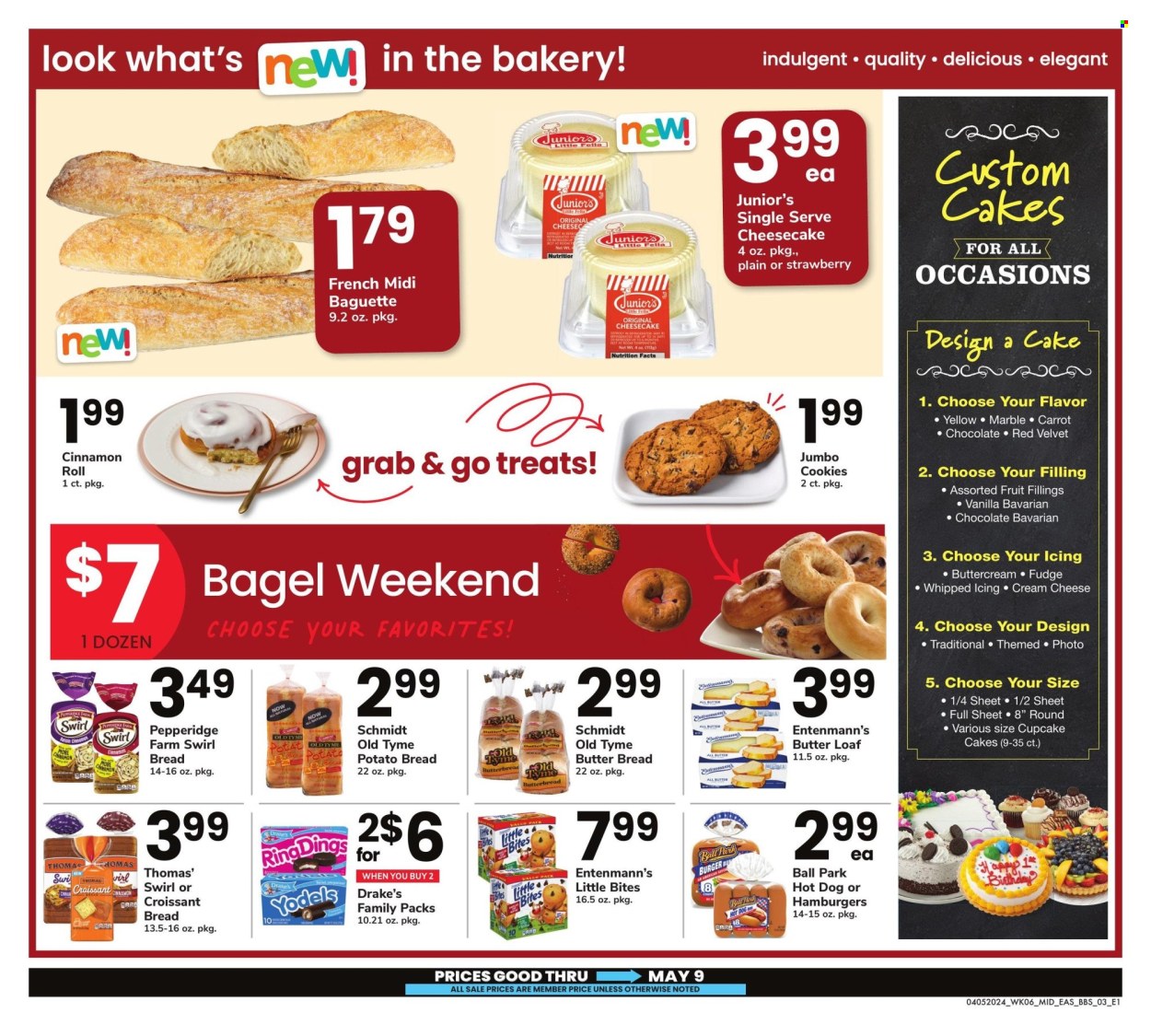 thumbnail - Safeway Flyer - 04/05/2024 - 05/09/2024 - Sales products - bagels, baguette, bread, cake, croissant, muffin, cupcake, cheesecake, Entenmann's, hamburger, hot dog, cheese, cookies, fudge, Little Bites, frosting, cinnamon roll. Page 3.