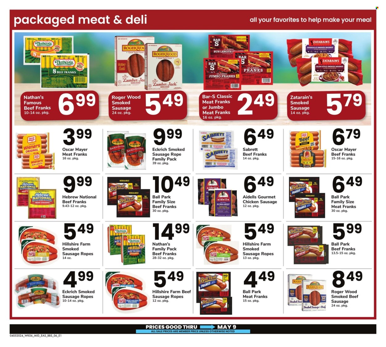 thumbnail - Safeway Flyer - 04/05/2024 - 05/09/2024 - Sales products - turkey, Hillshire Farm, Oscar Mayer, sausage, smoked sausage, chicken sausage, beef sausage, frankfurters, rope sausage. Page 6.