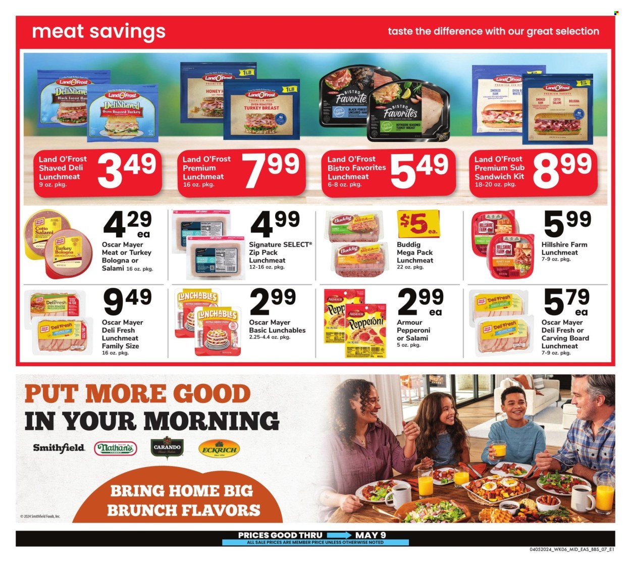 thumbnail - Safeway Flyer - 04/05/2024 - 05/09/2024 - Sales products - pizza, sandwich, snack, Lunchables, ready meal, salami, uncured ham, Hillshire Farm, smoked ham, bologna sausage, Oscar Mayer, sliced meat, lunch meat. Page 7.