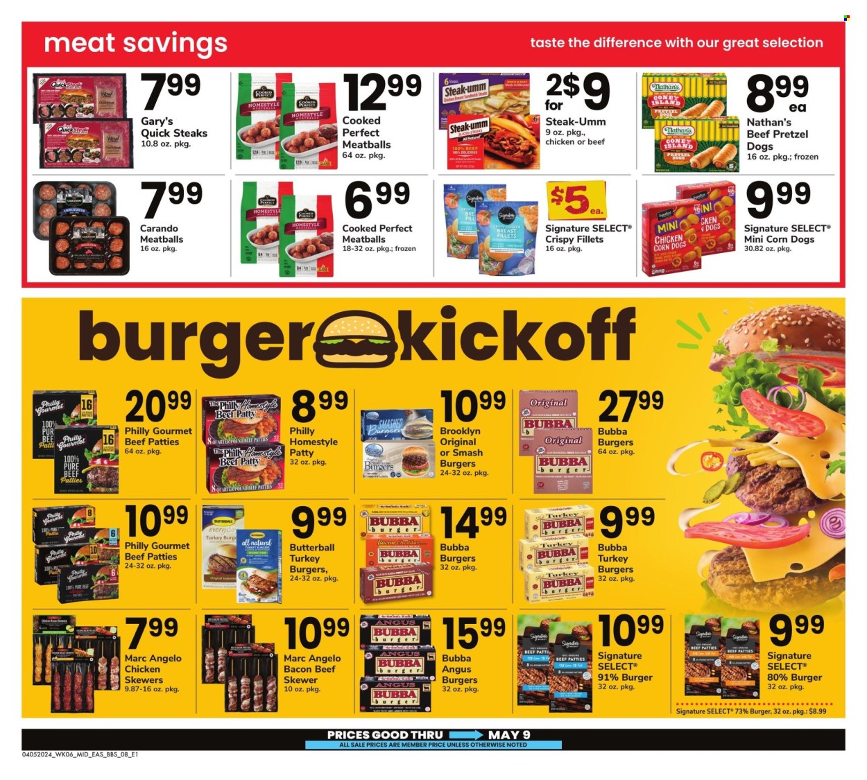thumbnail - Safeway Flyer - 04/05/2024 - 05/09/2024 - Sales products - Butterball, meat skewer, beef meat, steak, burger patties, turkey burger, meatballs, fried chicken, ready meal, cheddar, chicken corn, breaded chicken fillets, beer. Page 8.
