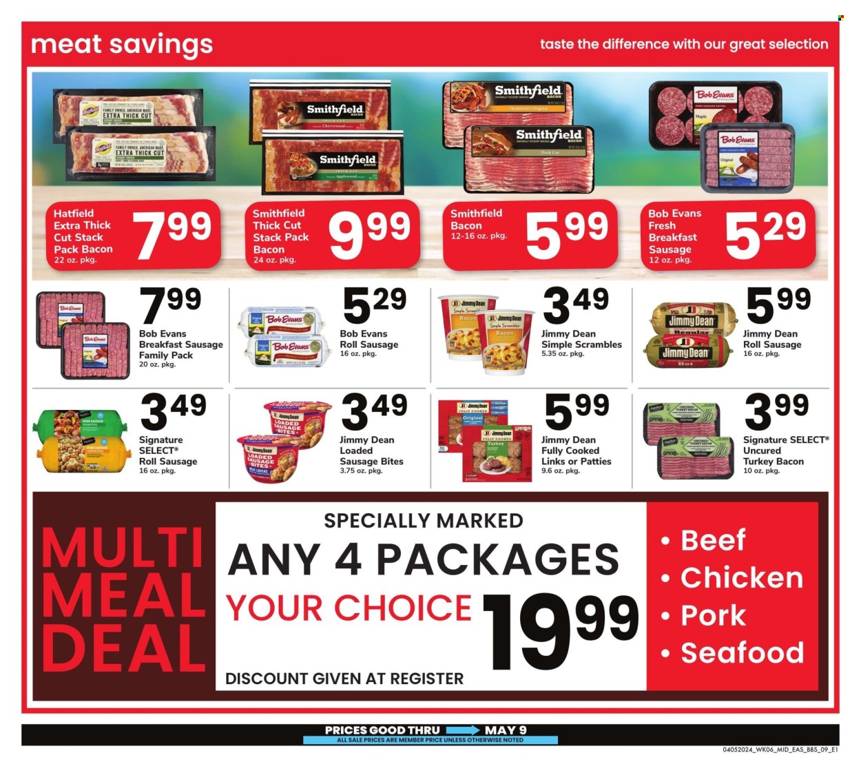 thumbnail - Safeway Flyer - 04/05/2024 - 05/09/2024 - Sales products - sausage meat, Bob Evans, sausage patties, seafood, Jimmy Dean, ready meal, bacon, turkey bacon, sausage, pork sausage. Page 9.