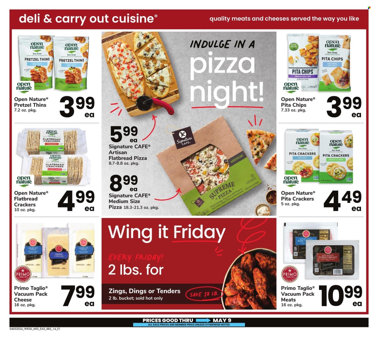 thumbnail - Safeway Flyer - 04/05/2024 - 05/09/2024 - Sales products - pretzels, flatbread, pizza, ready meal, smoked ham, italian sausage, american cheese, swiss cheese, parmesan, cheese, crackers, chips, Thins, pita chips, bucket. Page 14.