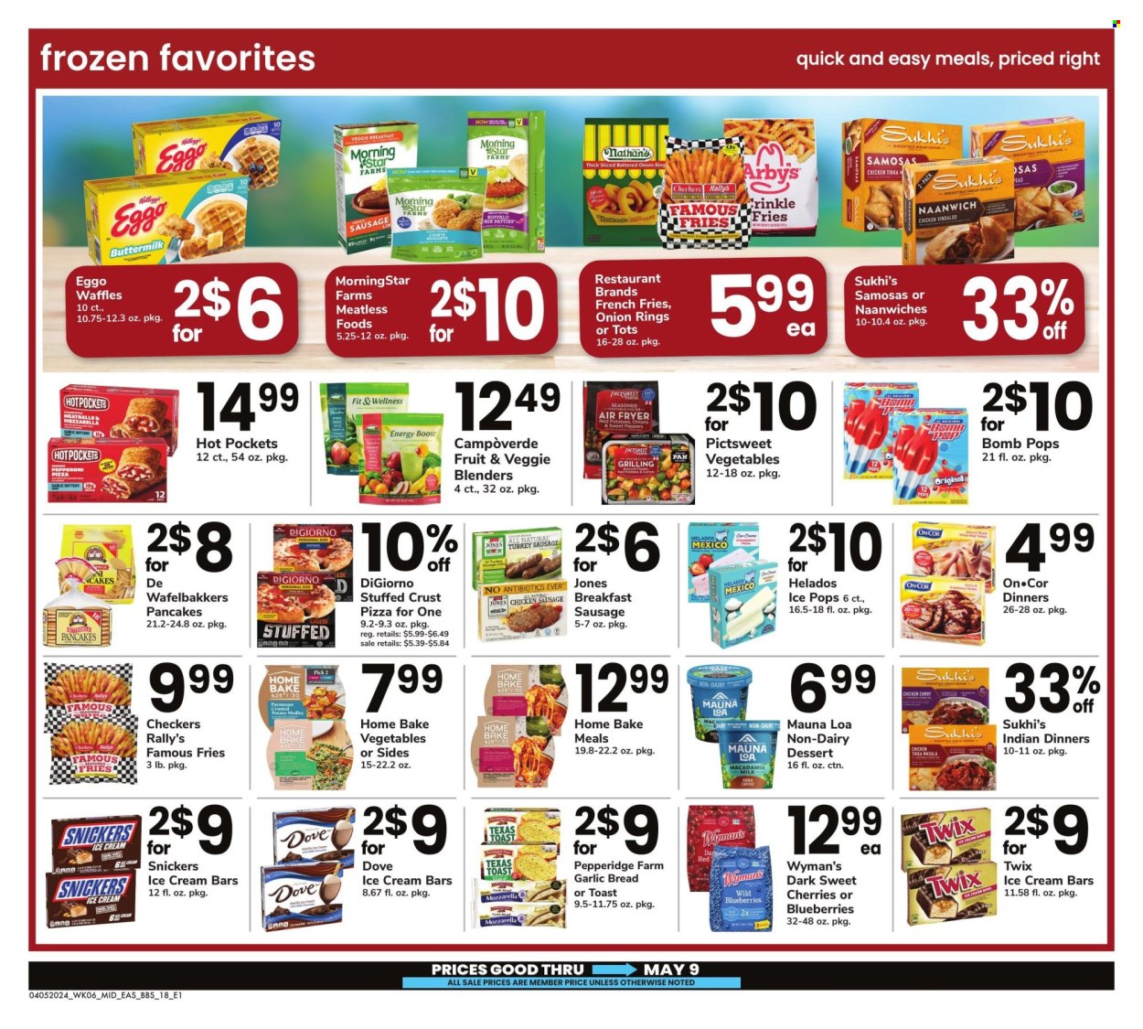 thumbnail - Safeway Flyer - 04/05/2024 - 05/09/2024 - Sales products - bread, cake, waffles, dessert, potatoes, blueberries, chicken, hot pocket, pizza, onion rings, meatballs, pancakes, Tikka Masala, MorningStar Farms, ready meal, plant based ready meal, parmesan, cheese, Dove, ice cream, ice cream bars, potato fries, french fries, crinkle fries, Snickers, Twix, Kellogg's, Boost, pan. Page 18.