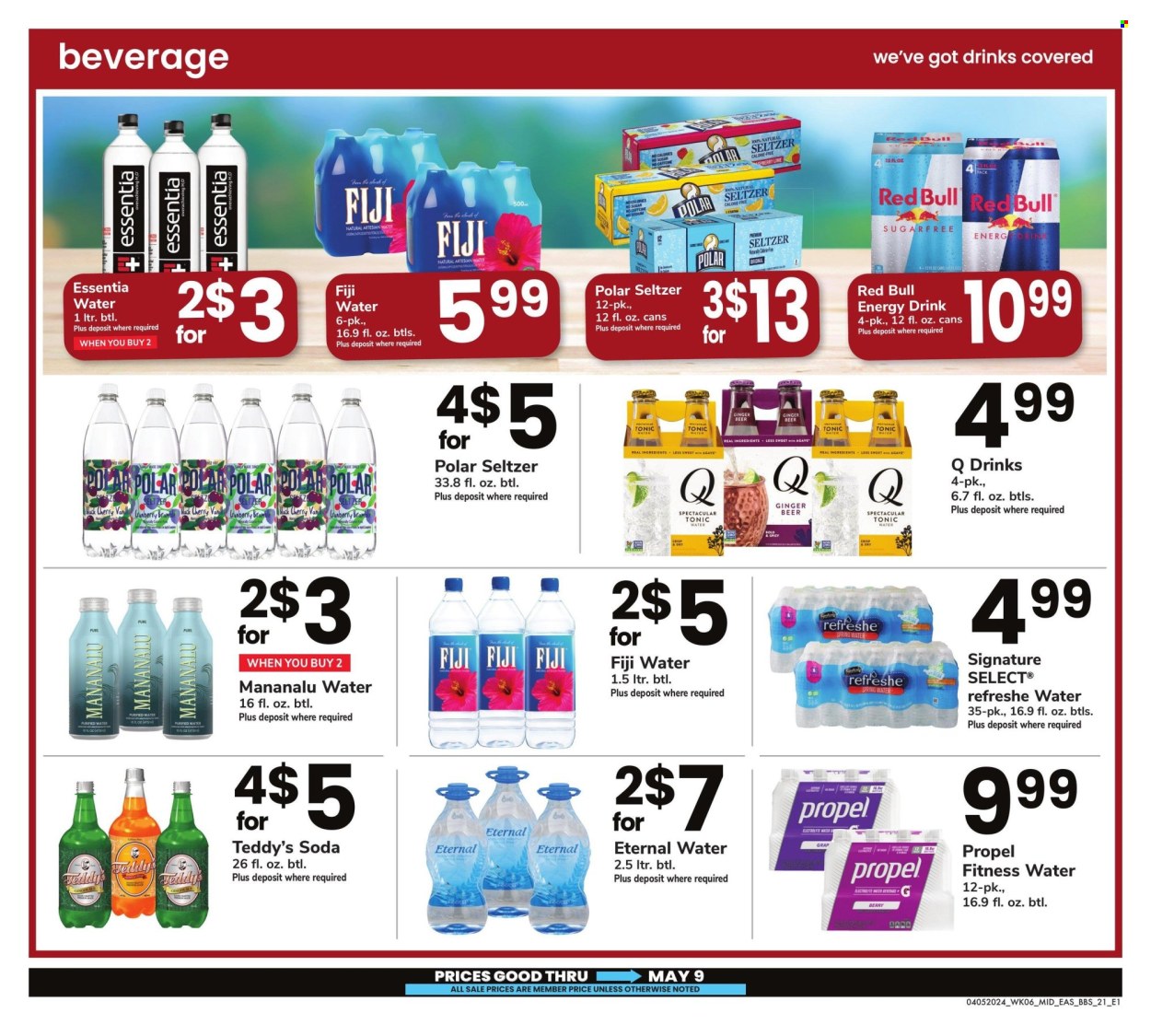 thumbnail - Safeway Flyer - 04/05/2024 - 05/09/2024 - Sales products - energy drink, tonic, Red Bull, electrolyte drink, seltzer water, spring water, flavored water, soda, bottled water, purified water, beer, ginger beer, teddy. Page 21.