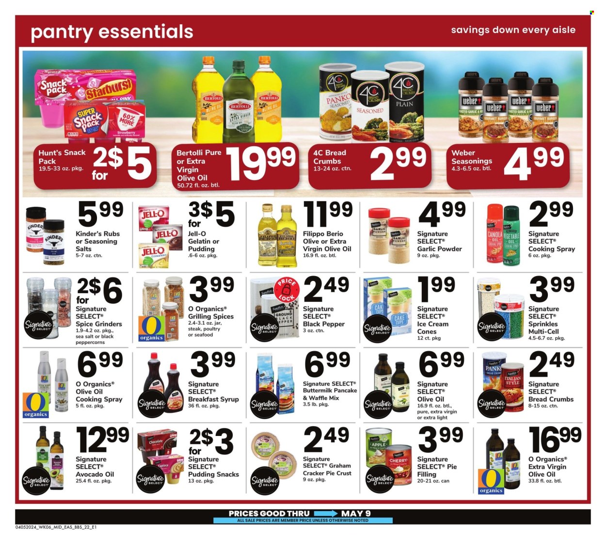 thumbnail - Safeway Flyer - 04/05/2024 - 05/09/2024 - Sales products - steak, hamburger, snack, Bertolli, pudding, pie crust, ice cream, ice cones, Starburst, salty snack, pie filling, Jell-O, sprinkles, black pepper, spice, garlic powder, avocado oil, canola oil, cooking spray, extra virgin olive oil, olive oil, syrup, Weber. Page 22.