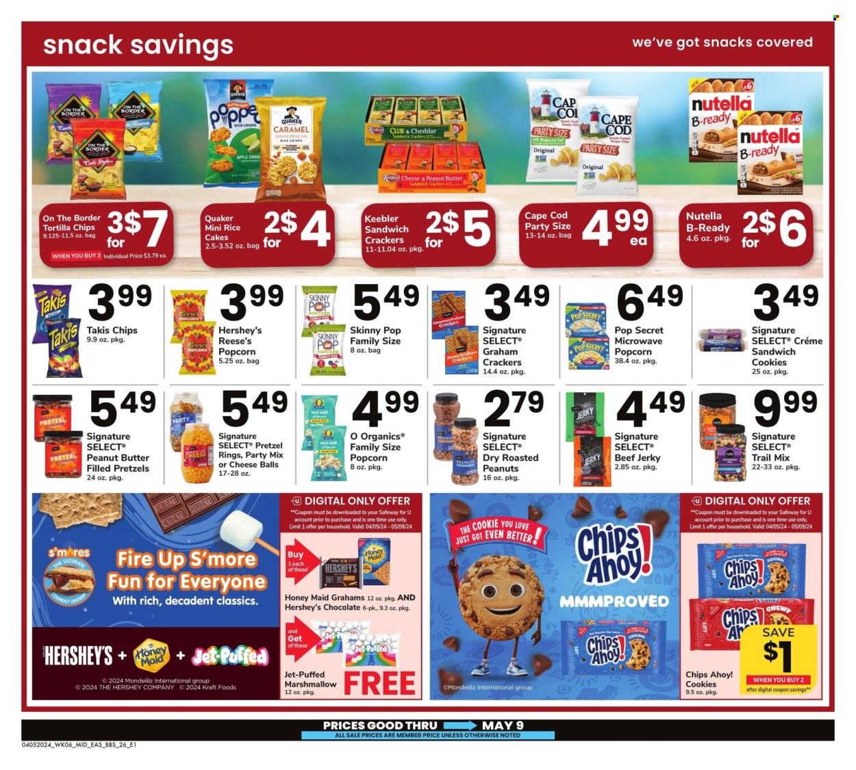 thumbnail - Safeway Flyer - 04/05/2024 - 05/09/2024 - Sales products - pretzels, rice cakes, snack, Quaker, Kraft®, beef jerky, jerky, sandwich cookies, Reese's, Hershey's, cheese balls, cookies, graham crackers, marshmallows, Nutella, crackers, Chips Ahoy!, Keebler, tortilla chips, popcorn, rice crisps, Skinny Pop, salty snack, crisps, Honey Maid, caramel, roasted peanuts, peanuts, trail mix. Page 26.