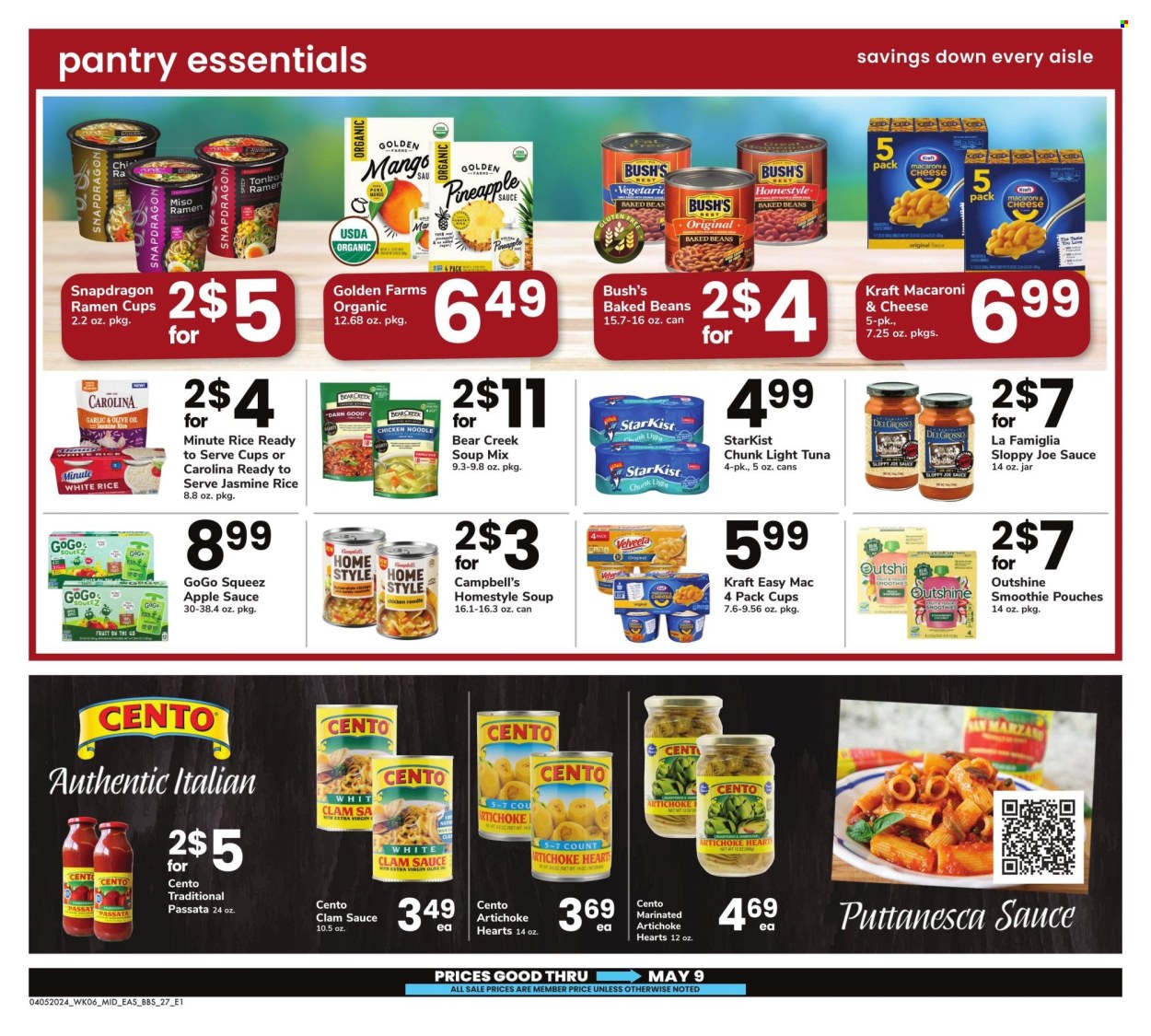 thumbnail - Safeway Flyer - 04/05/2024 - 05/09/2024 - Sales products - macaroons, artichoke, beans, soup mix, pineapple, tuna, StarKist, Campbell's, macaroni & cheese, ramen, soup, pasta, Kraft®, ready meal, Velveeta, canned tuna, tomato sauce, light tuna, baked beans, canned fish, jasmine rice, white rice, miso, extra virgin olive oil, olive oil, oil, apple sauce, smoothie, baby food pouch, baby snack. Page 27.