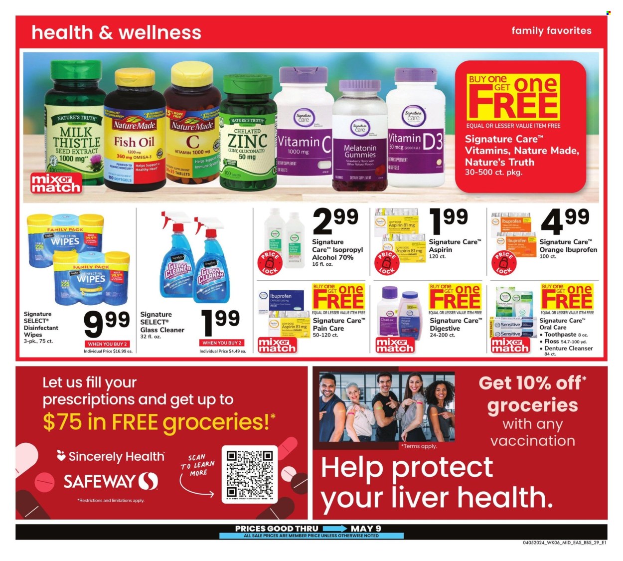 thumbnail - Safeway Flyer - 04/05/2024 - 05/09/2024 - Sales products - wipes, cleaner, glass cleaner, toothpaste, denture cleanser, fish oil, Melatonin, Nature Made, Nature's Truth, vitamin c, Ibuprofen, Omega-3, zinc, vitamin D3, aspirin, dietary supplement, pain therapy, vitamins. Page 29.