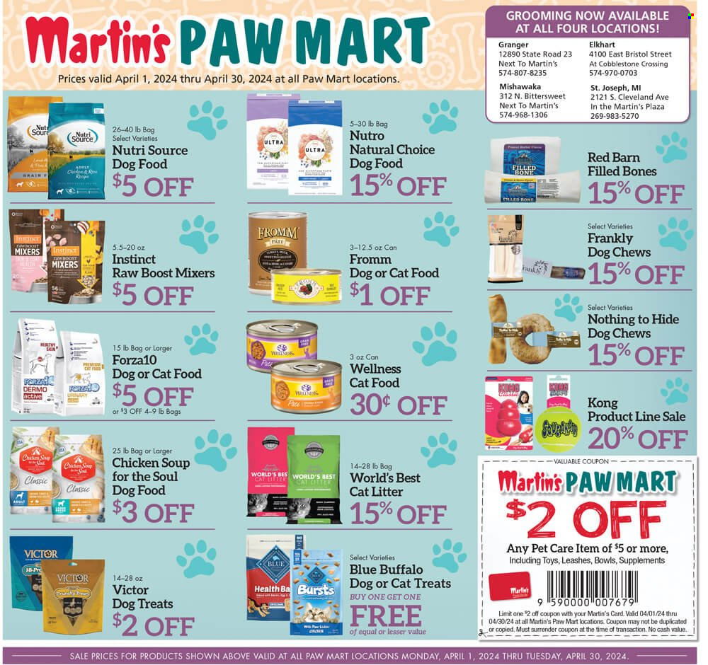 thumbnail - Martin’s Flyer - 04/01/2024 - 04/30/2024 - Sales products - cat litter, animal food, animal treats, Blue Buffalo, cat food, dog food, dog chews, Victor, Chicken Soup for the Soul, dog treat. Page 1.