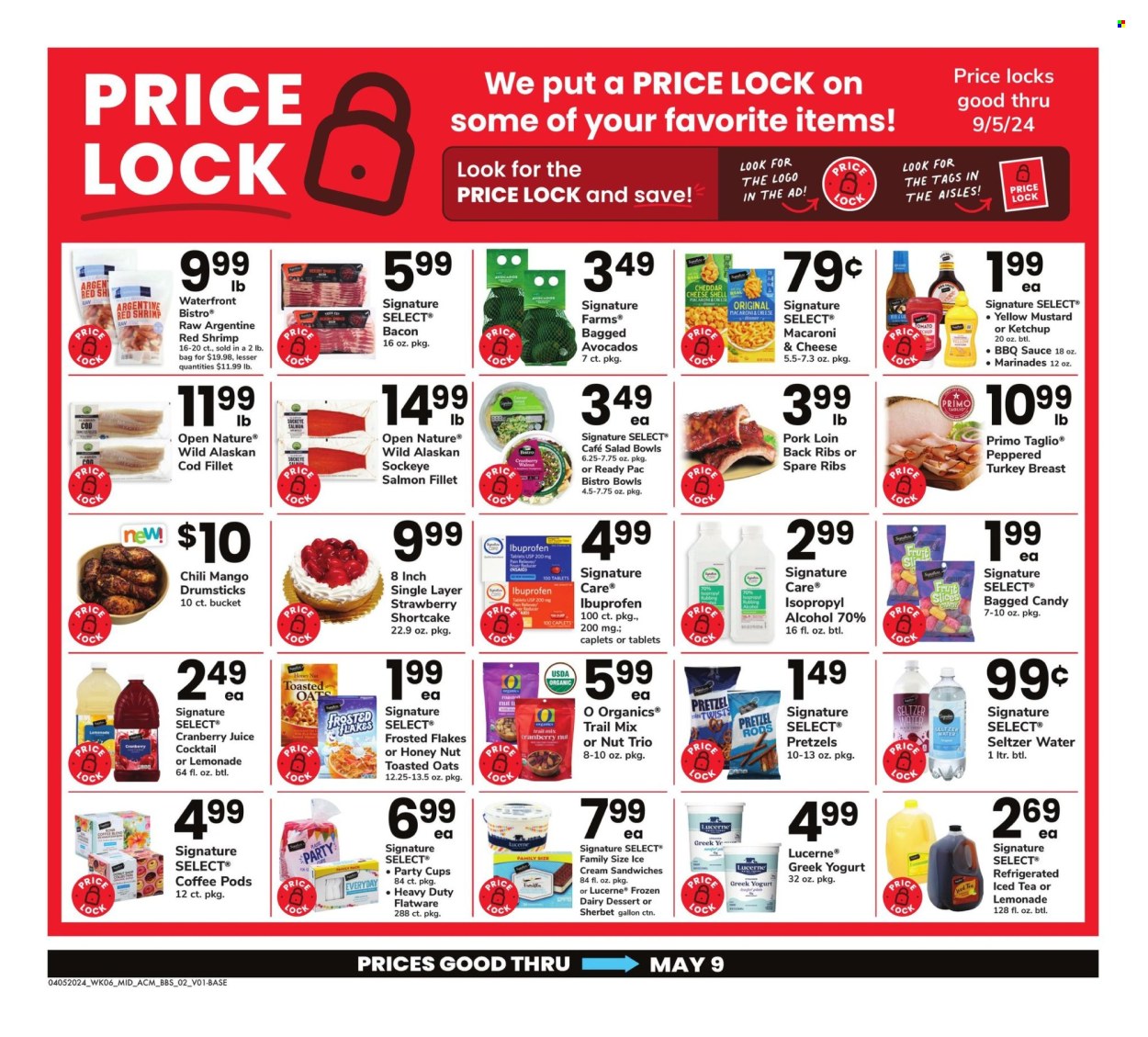 thumbnail - ACME Flyer - 04/05/2024 - 05/09/2024 - Sales products - pretzels, dessert, avocado, cod, fish fillets, salmon, salmon fillet, alaskan cod fillet, shrimps, macaroni, pasta, Ready Pac, turkey breast, greek yoghurt, sherbet, ice cream sandwich, frozen dessert, Candy, Frosted Flakes, toasted oats, BBQ sauce, mustard, ketchup, marinade, trail mix, cranberry juice, lemonade, juice, ice tea, seltzer water, water, coffee pods, turkey, ribs, pork loin, pork meat, pork spare ribs, bucket, flatware, salad bowl, party cups, Ibuprofen, pain therapy, sauce. Page 2.