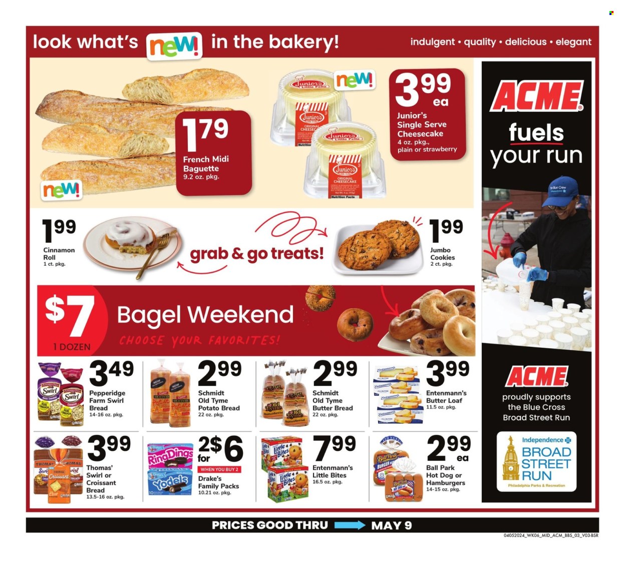 thumbnail - ACME Flyer - 04/05/2024 - 05/09/2024 - Sales products - bagels, baguette, bread, croissant, muffin, cheesecake, Entenmann's, hot dog, hamburger, Philadelphia, cookies, Little Bites, pepper, cinnamon roll. Page 3.