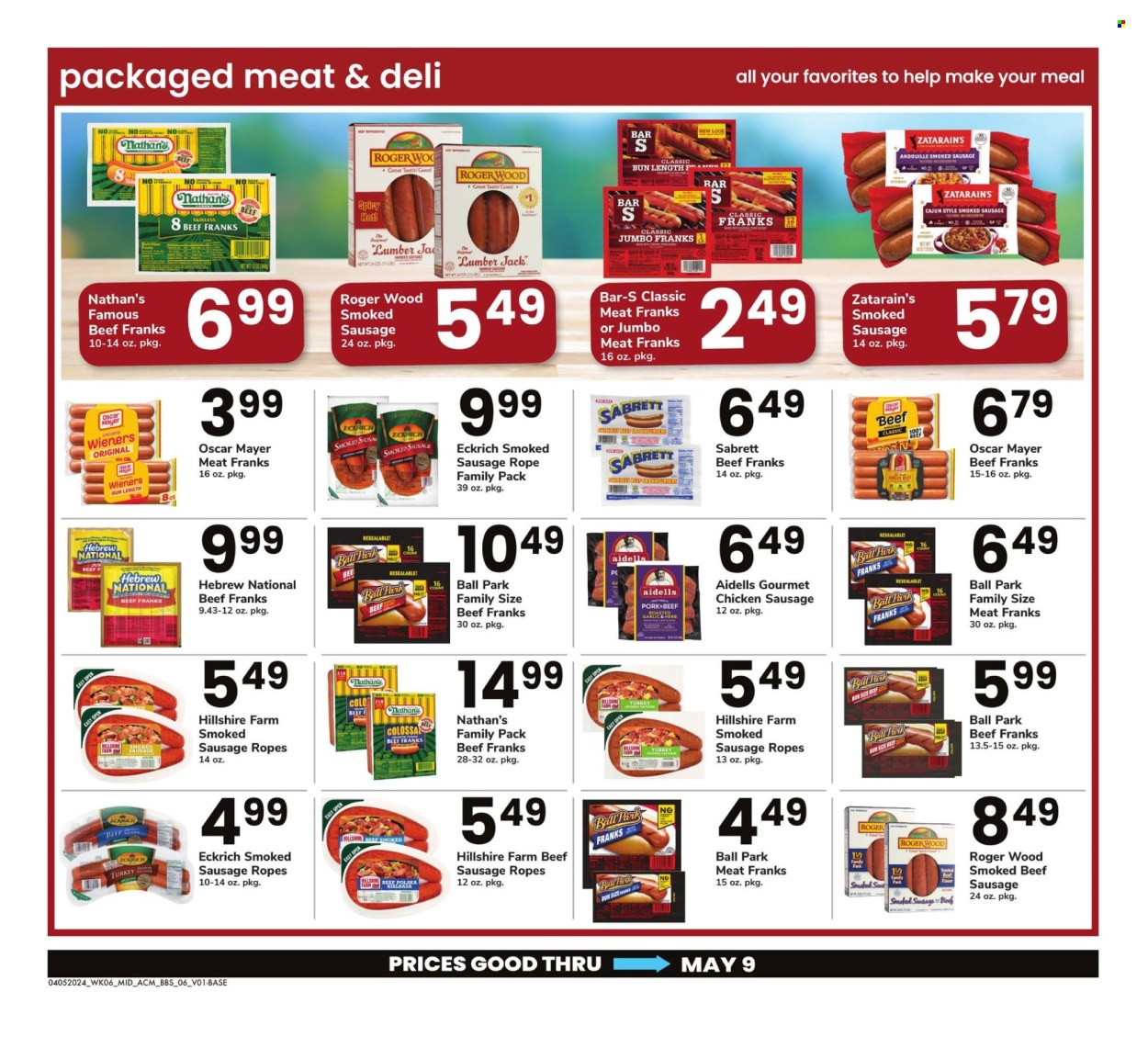 thumbnail - ACME Flyer - 04/05/2024 - 05/09/2024 - Sales products - Hillshire Farm, Oscar Mayer, sausage, smoked sausage, chicken sausage, beef sausage, frankfurters, rope sausage, turkey, hat. Page 6.
