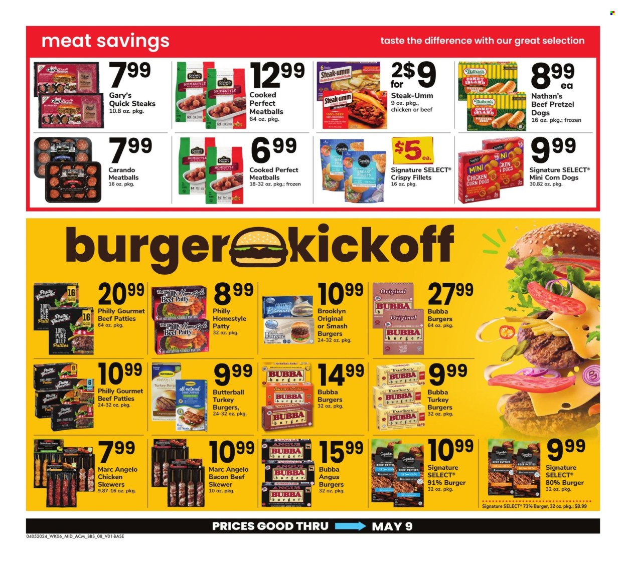 thumbnail - ACME Flyer - 04/05/2024 - 05/09/2024 - Sales products - meatballs, burger patties, ready meal, Butterball, chicken corn, beer, meat skewer, turkey burger. Page 8.
