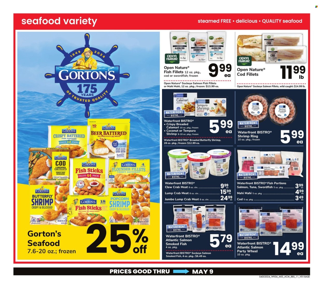 thumbnail - ACME Flyer - 04/05/2024 - 05/09/2024 - Sales products - calamari, cod, crab meat, flounder, mahi mahi, salmon, salmon fillet, swordfish, tuna, seafood, crab, shrimps, Gorton's, breaded fish, fish sticks, ready meal, breaded shrimps. Page 11.