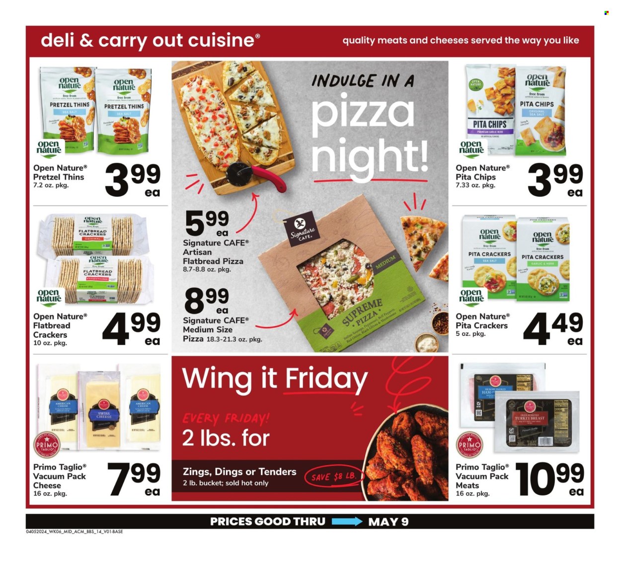 thumbnail - ACME Flyer - 04/05/2024 - 05/09/2024 - Sales products - pretzels, flatbread, pizza, turkey breast, crackers, chips, Thins, pita chips, turkey, bucket. Page 14.