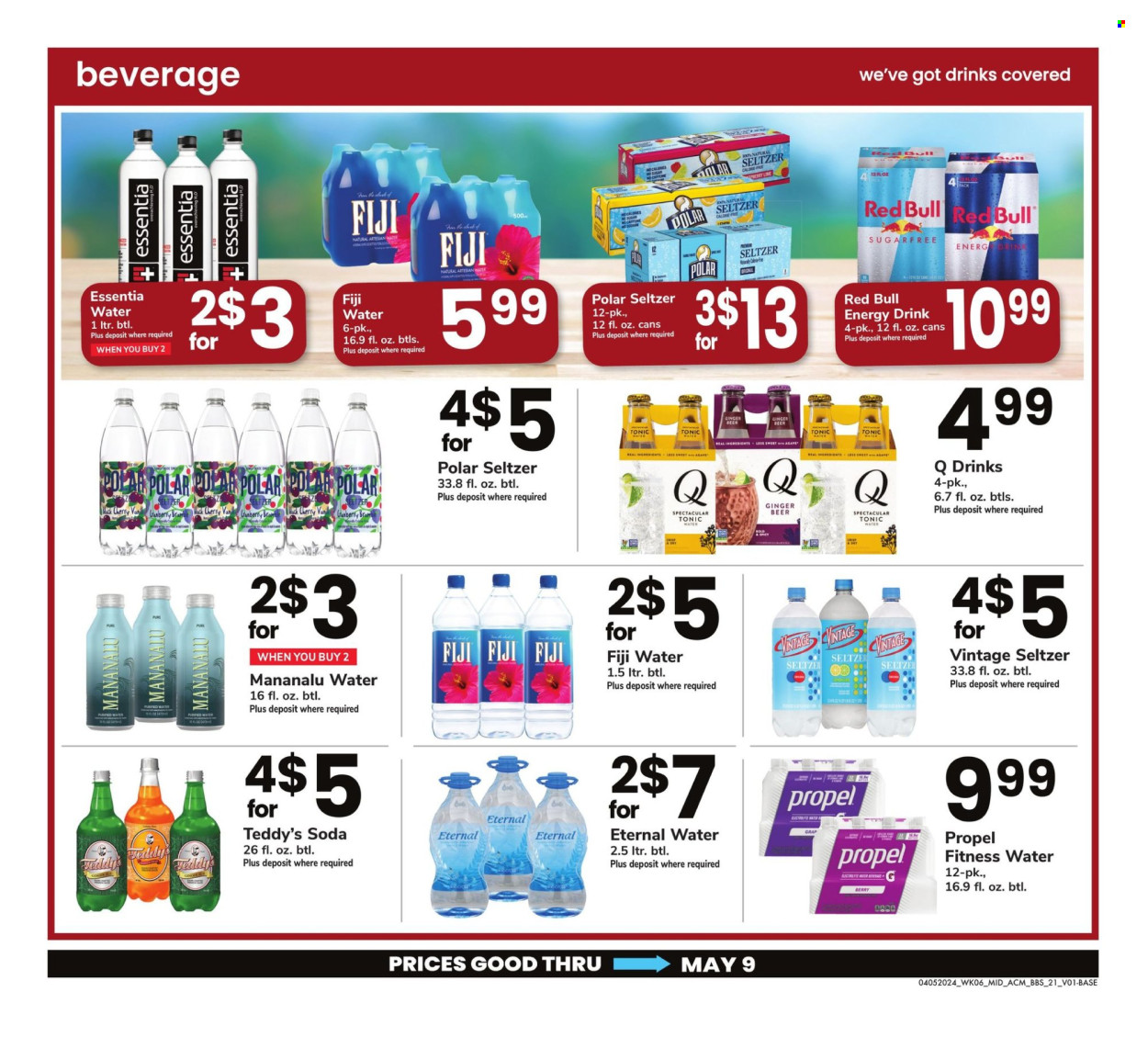 thumbnail - ACME Flyer - 04/05/2024 - 05/09/2024 - Sales products - energy drink, tonic, Red Bull, seltzer water, flavored water, soda, bottled water, beer, ginger beer. Page 21.