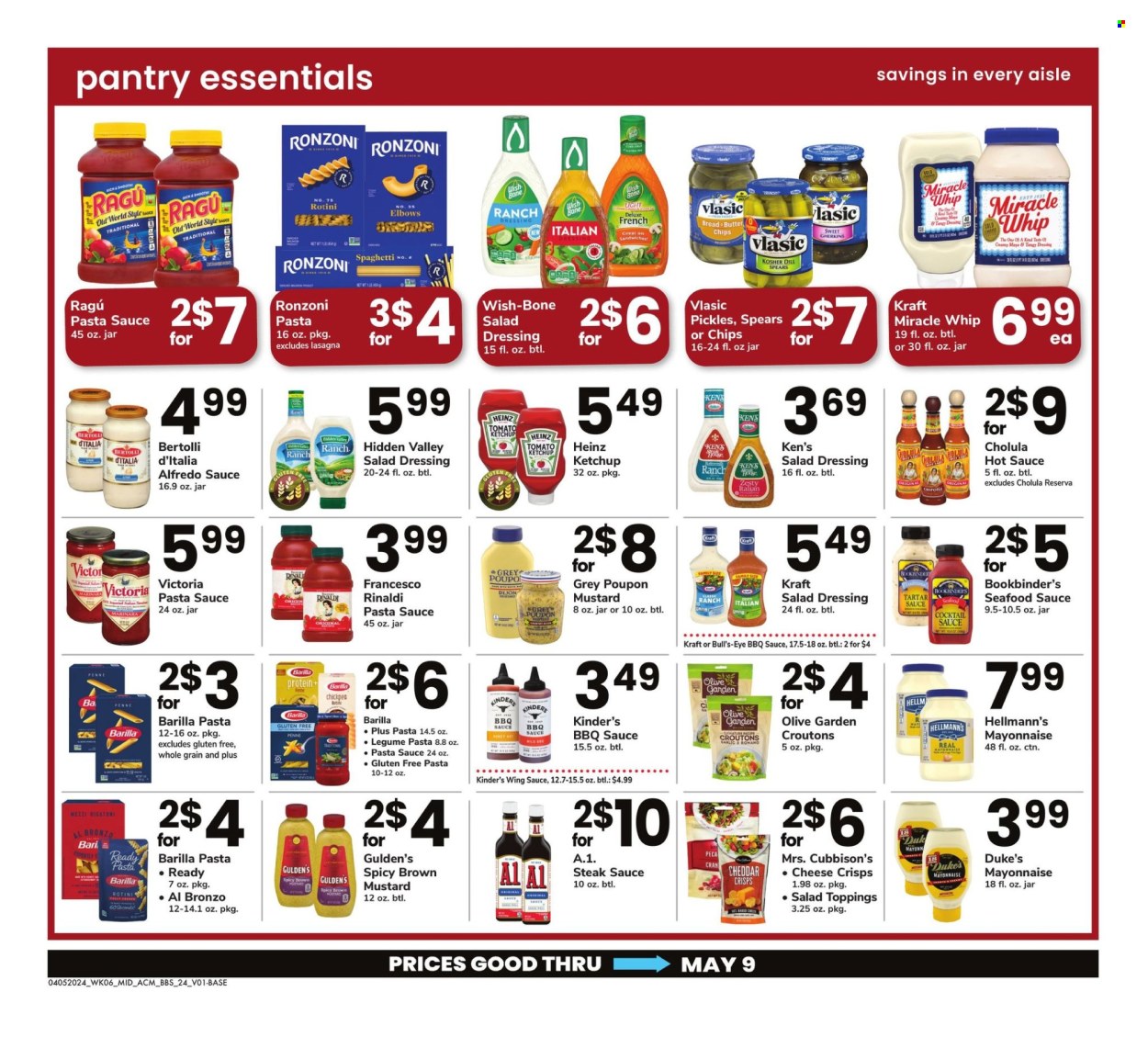 thumbnail - ACME Flyer - 04/05/2024 - 05/09/2024 - Sales products - bread, spaghetti, pasta sauce, Barilla, Alfredo sauce, Kraft®, Bertolli, spaghetti sauce, mayonnaise, Miracle Whip, Hellmann’s, chips, crisps, croutons, topping, Heinz, pickles, pickled vegetables, BBQ sauce, cocktail sauce, mustard, salad dressing, steak sauce, hot sauce, ketchup, dressing, wing sauce, Victor, sauce. Page 24.