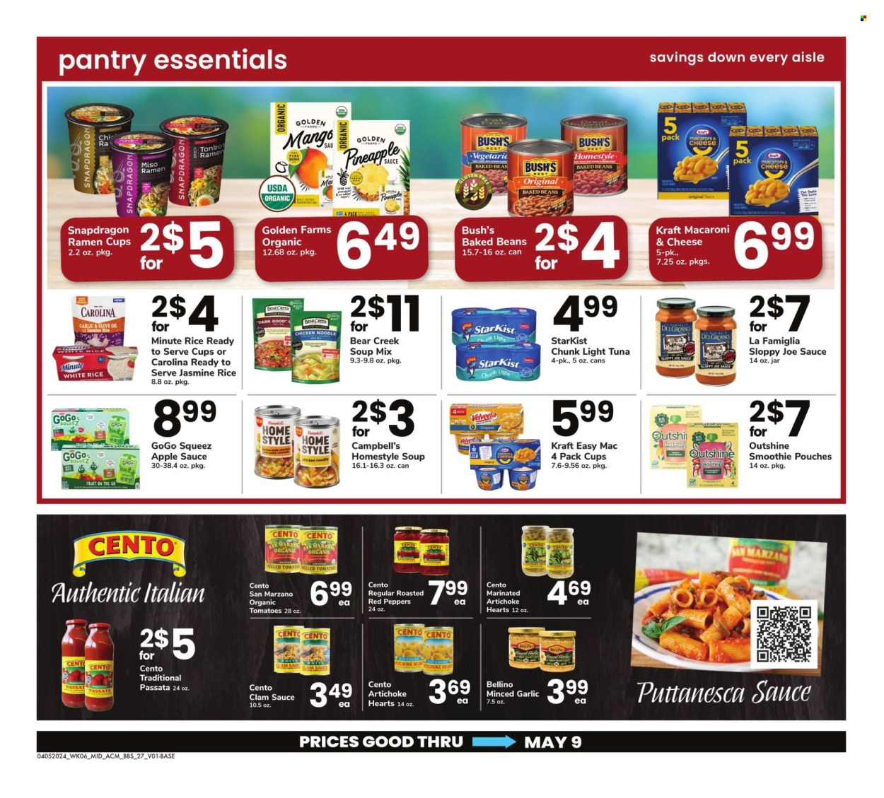 thumbnail - ACME Flyer - 04/05/2024 - 05/09/2024 - Sales products - artichoke, beans, soup mix, pineapple, tuna, StarKist, Campbell's, macaroni & cheese, ramen, soup, pasta, Kraft®, ready meal, Velveeta, canned tuna, tomato sauce, light tuna, baked beans, canned fish, peeled tomatoes, jasmine rice, white rice, miso, oil, apple sauce, smoothie, baby food pouch, baby snack. Page 27.