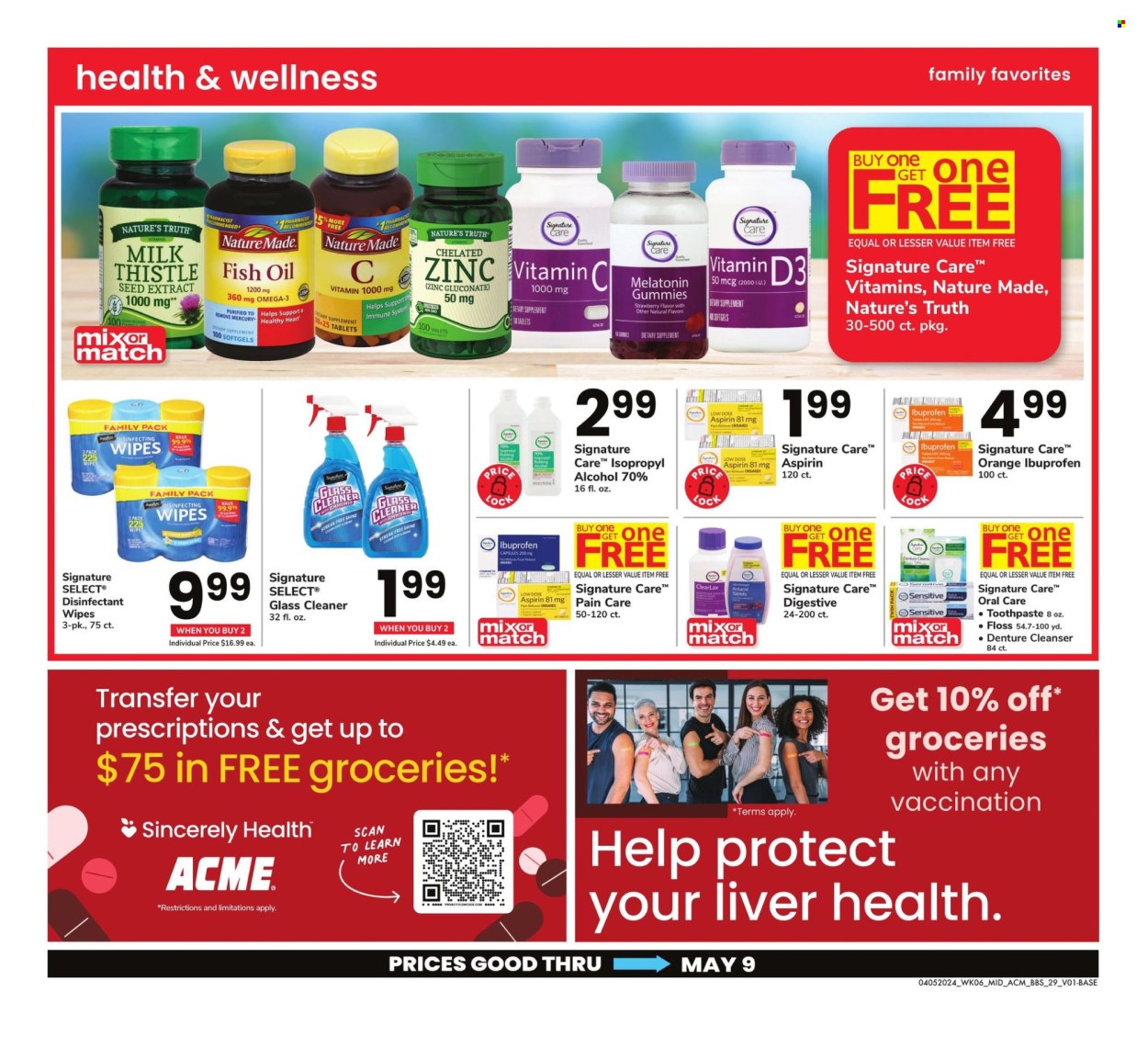 thumbnail - ACME Flyer - 04/05/2024 - 05/09/2024 - Sales products - wipes, cleaner, glass cleaner, denture cleanser, fish oil, Melatonin, Nature Made, Nature's Truth, vitamin c, Ibuprofen, Omega-3, zinc, vitamin D3, aspirin, dietary supplement, pain therapy, vitamins. Page 29.