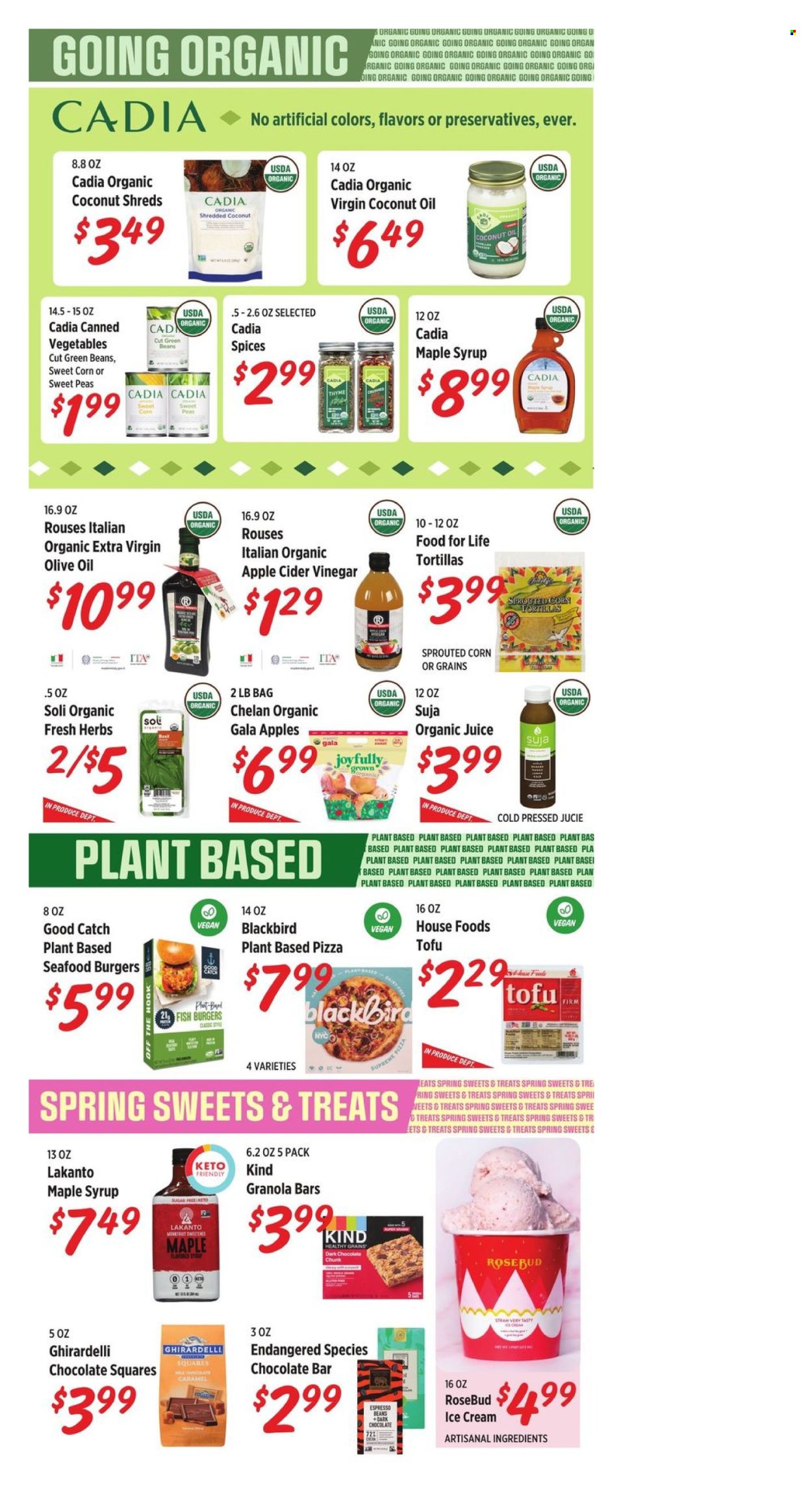 thumbnail - Rouses Markets Flyer - 04/03/2024 - 05/01/2024 - Sales products - corn tortillas, tortillas, green beans, Gala, pizza, hamburger, tofu, snack bar, milk chocolate, cereal bar, dark chocolate, Ghirardelli, chocolate bar, sweets, breakfast bar, canned vegetables, granola bar, spice, thyme, apple cider vinegar, coconut oil, extra virgin olive oil, vinegar, olive oil, shredded coconut, juice, straw. Page 2.