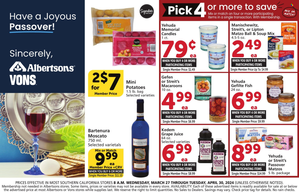 thumbnail - Albertsons Flyer - 03/27/2024 - 04/30/2024 - Sales products - juice, Kedem, matzo bread, macaroons, soup mix, soup, Lipton, fish, wine, Moscato, potatoes, candle. Page 1.