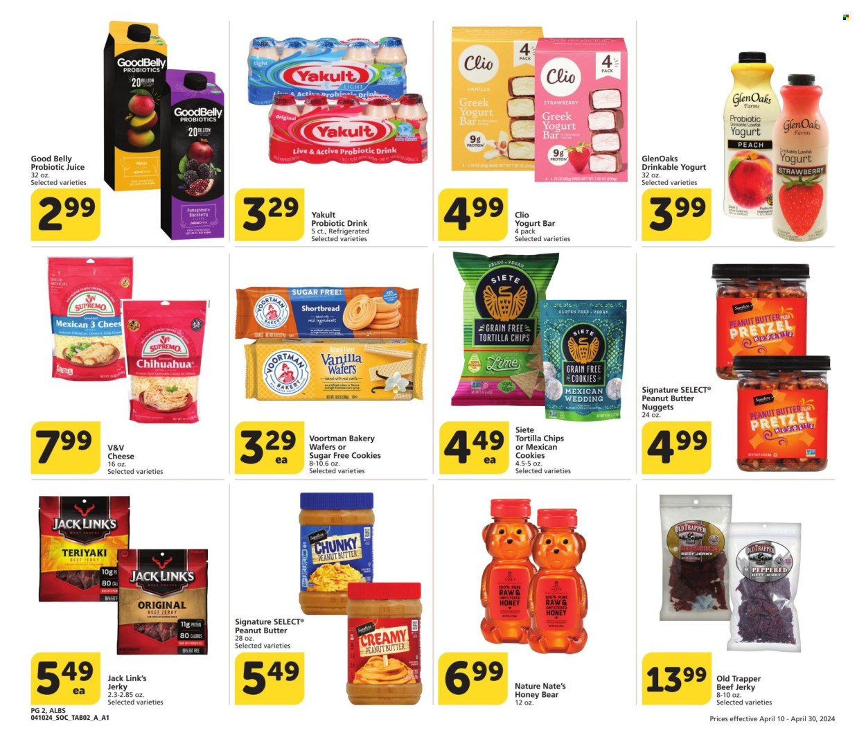thumbnail - Albertsons Flyer - 04/10/2024 - 04/30/2024 - Sales products - juice, beef jerky, jerky, Jack Link's, nuggets, peanut butter, probiotic drink, cheese, bars, honey, yoghurt drink, cookies, wafers, tortilla chips, chips. Page 2.